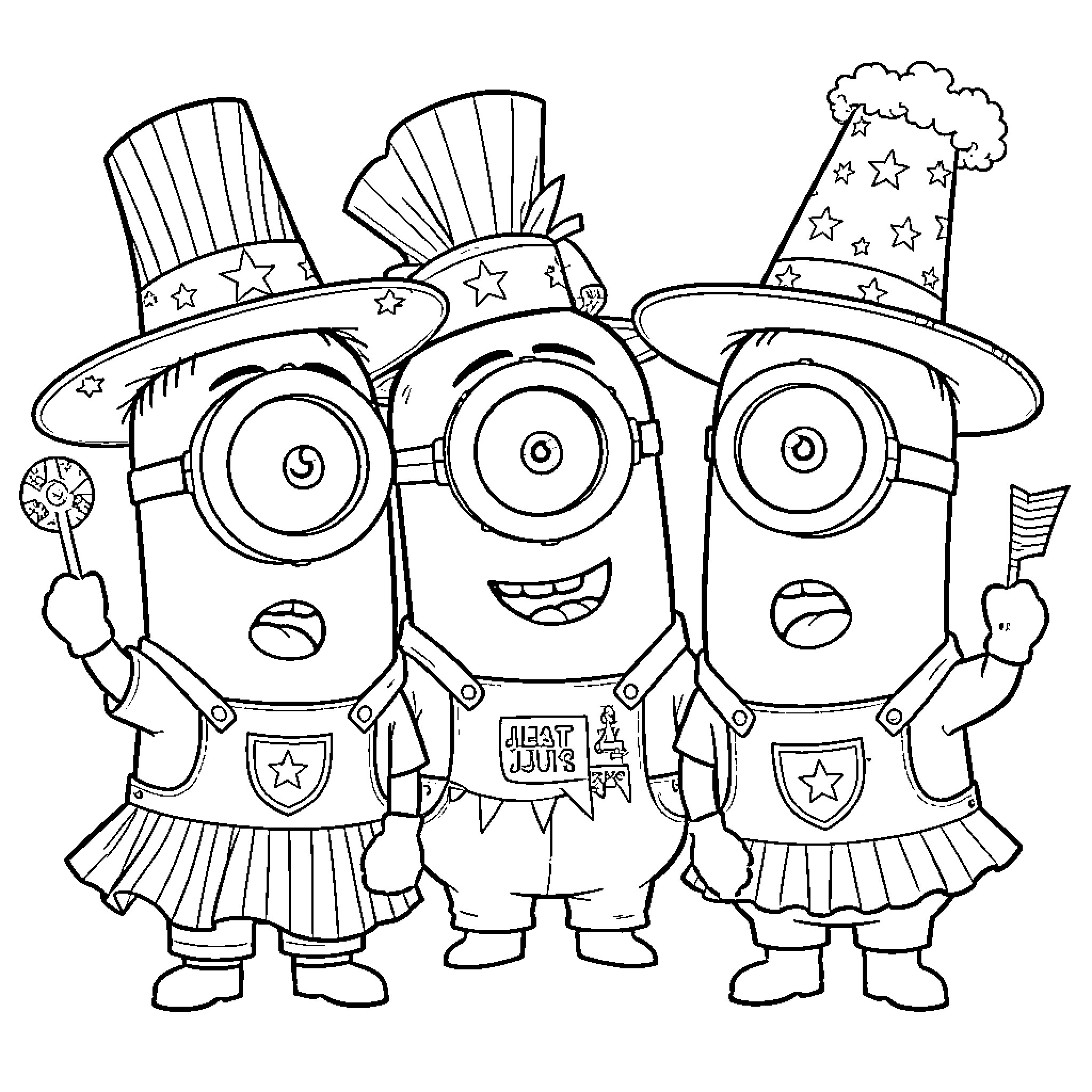 Minions celebrating in patriotic hats and costumes Coloring Page (free black-and-white line drawing printable PDF for all, from beginners to advanced learners, including children, teens, adults, and seniors)
