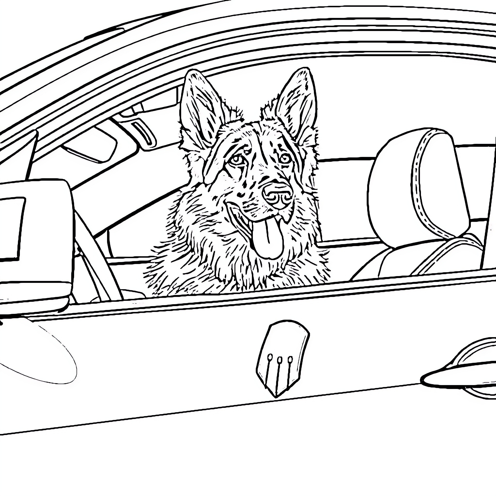 German Shepherd driving a car happily Coloring Page (free black-and-white line drawing printable PDF for all, from beginners to advanced learners, including children, teens, adults, and seniors)