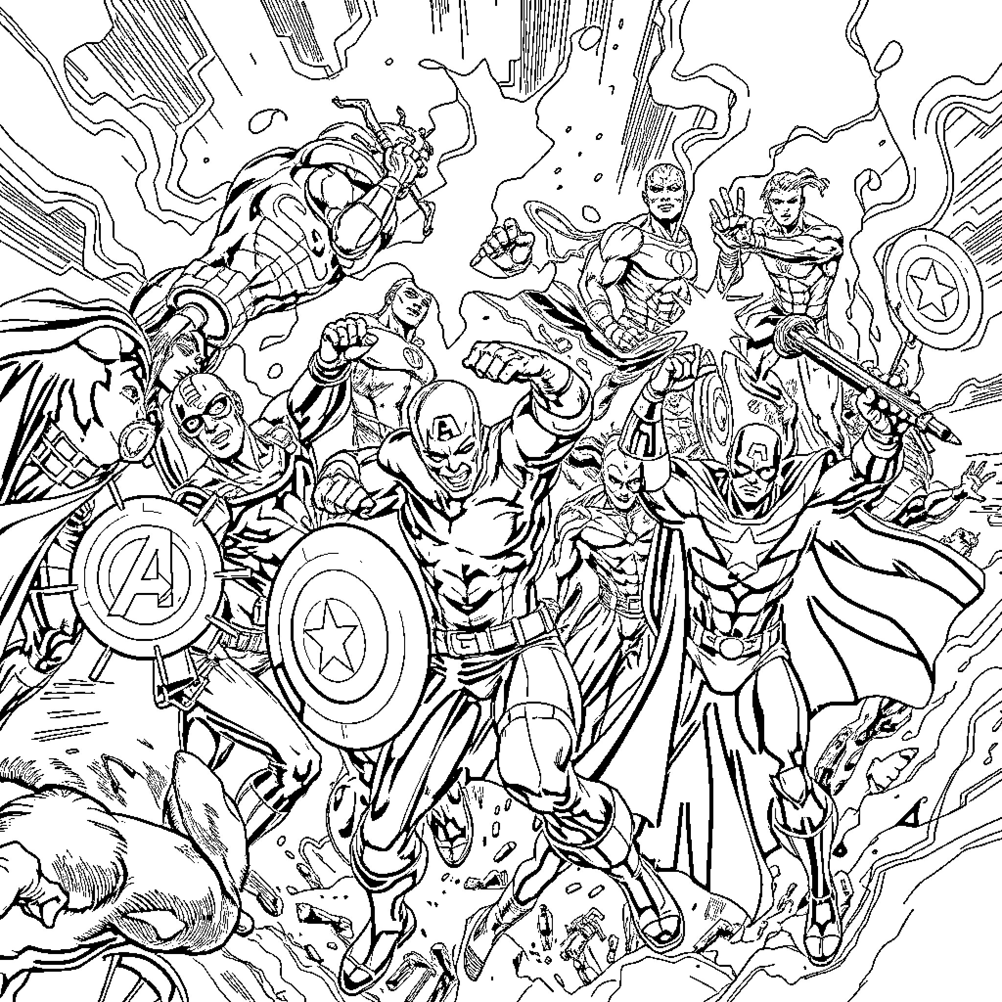 Superheroes in Epic Battle Against Villains Coloring Page (free black-and-white line drawing printable PDF for all, from beginners to advanced learners, including children, teens, adults, and seniors)