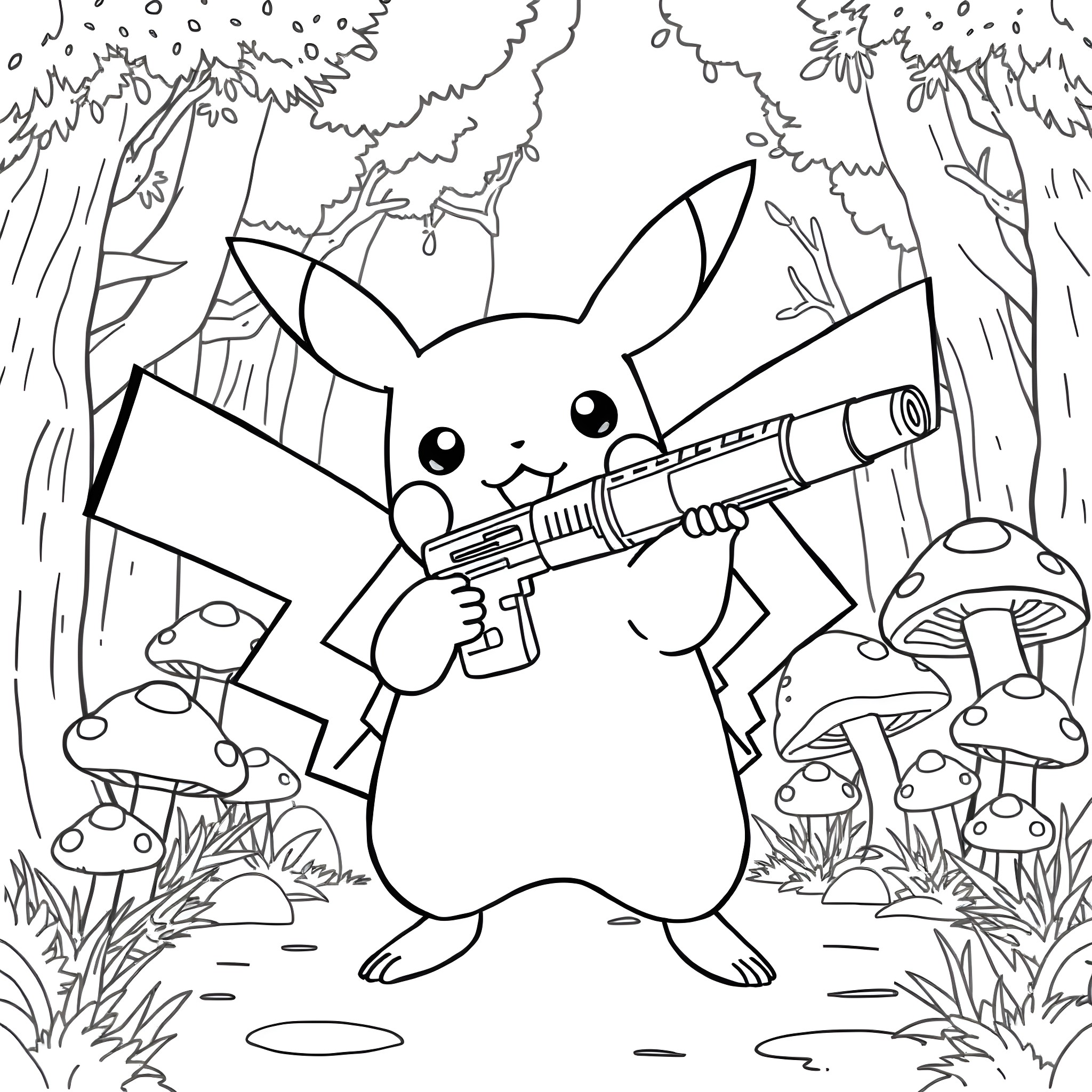 Pikachu Blasting Adventure in the Forest Coloring Page (free black-and-white line drawing printable PDF for all, from beginners to advanced learners, including children, teens, adults, and seniors)