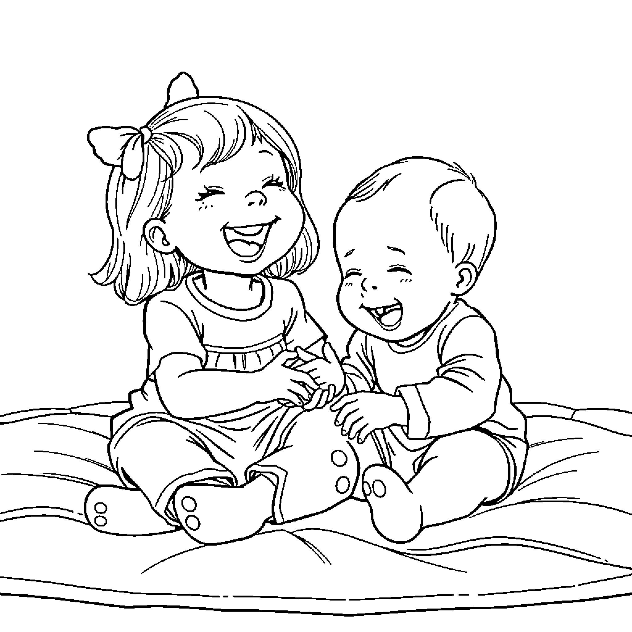 Toddlers playing happily together on the floor Coloring Page (free black-and-white line drawing printable PDF for all, from beginners to advanced learners, including children, teens, adults, and seniors)