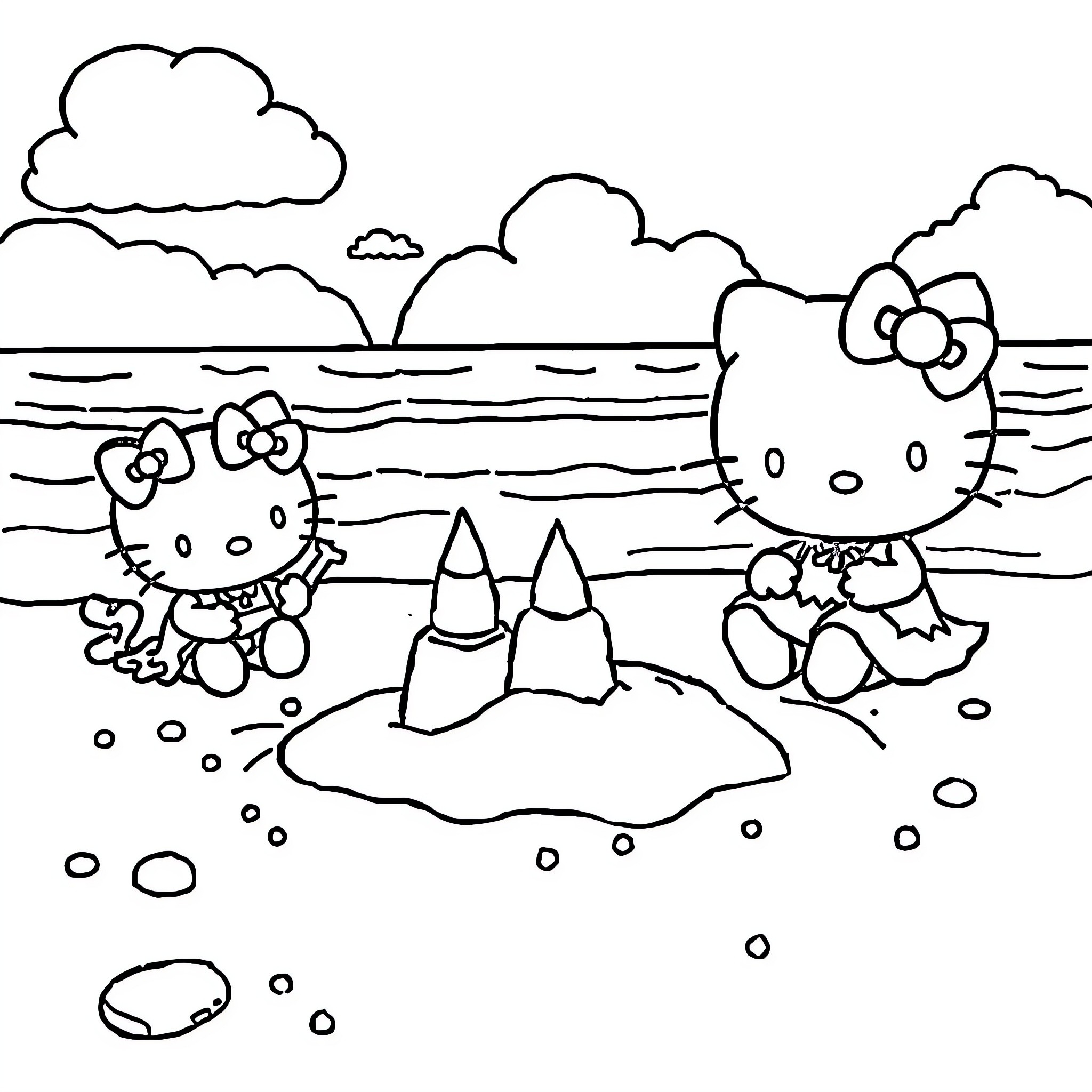 Hello Kitty Enjoys a Beach Adventure Coloring Page (free black-and-white line drawing printable PDF for all, from beginners to advanced learners, including children, teens, adults, and seniors)