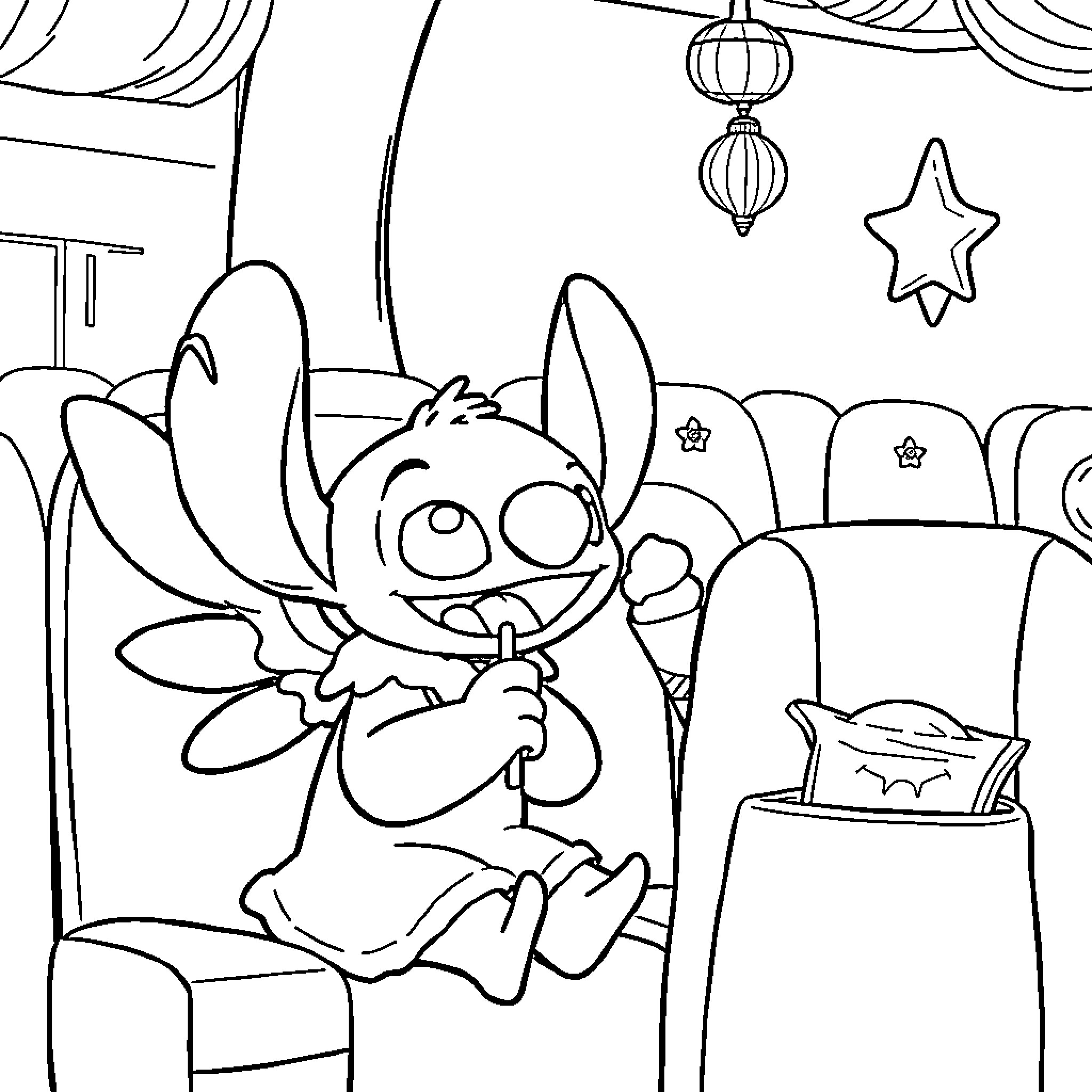 Angel Stitch enjoying cozy interior at home Coloring Page (free black-and-white line drawing printable PDF for all, from beginners to advanced learners, including children, teens, adults, and seniors)