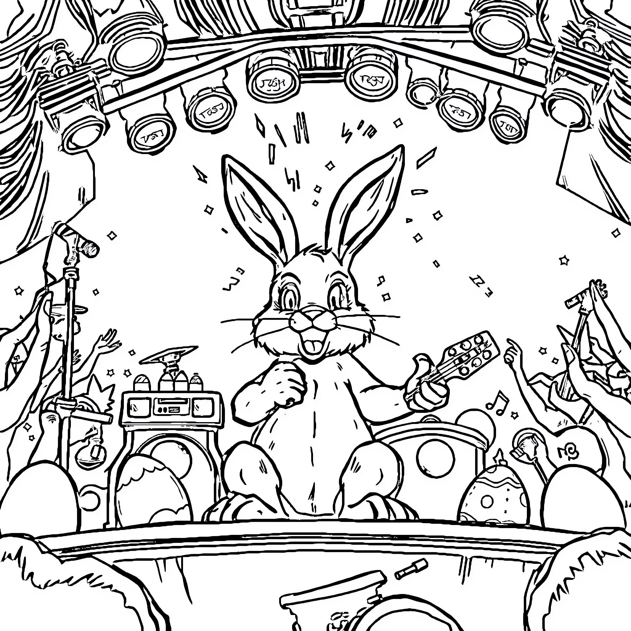 Bunny Performing on Stage with Instruments and Audience Coloring Page (free black-and-white line drawing printable PDF for all, from beginners to advanced learners, including children, teens, adults, and seniors)