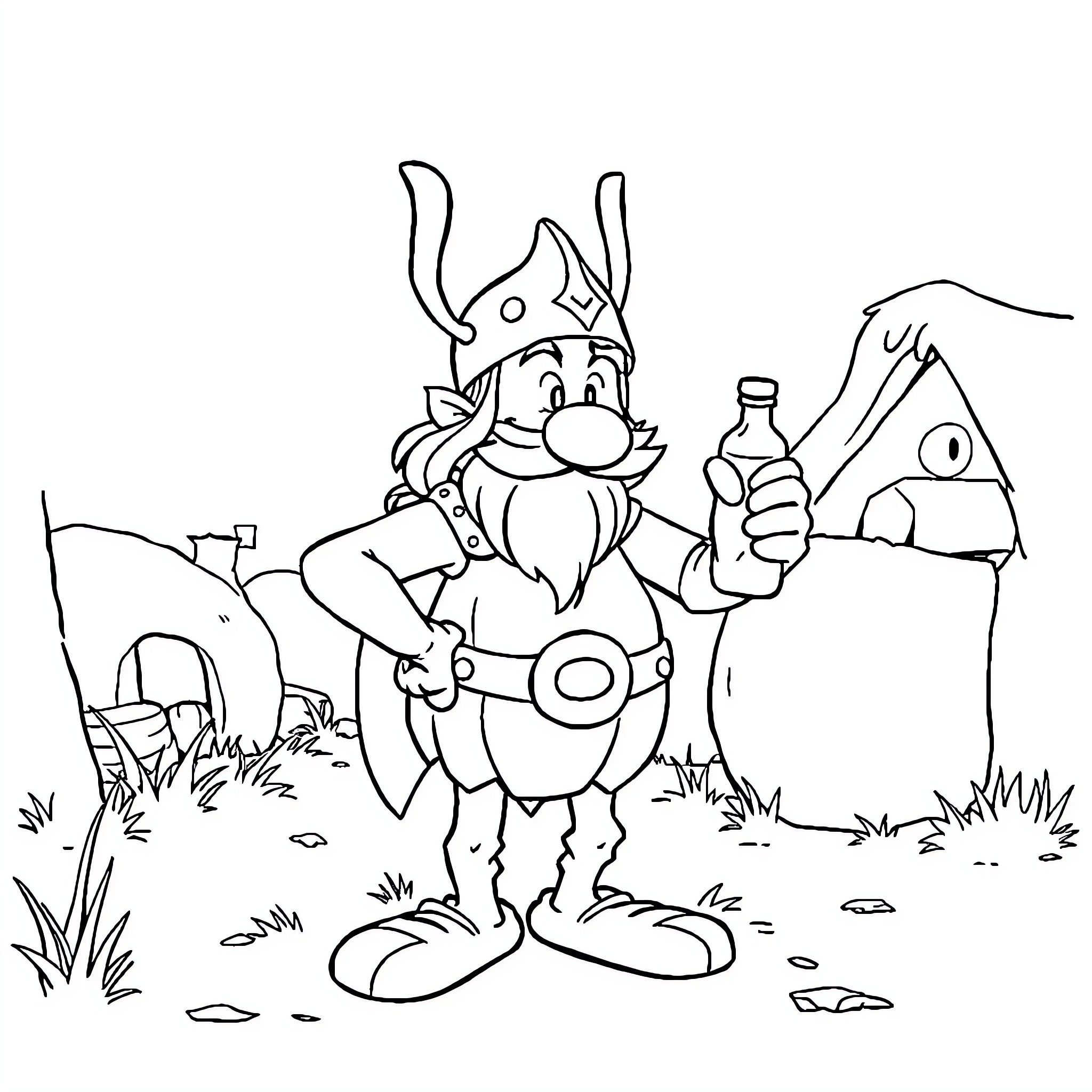 Asterix the Gaul in an adventurous outdoor scene Coloring Page (free black-and-white line drawing printable PDF for all, from beginners to advanced learners, including children, teens, adults, and seniors)