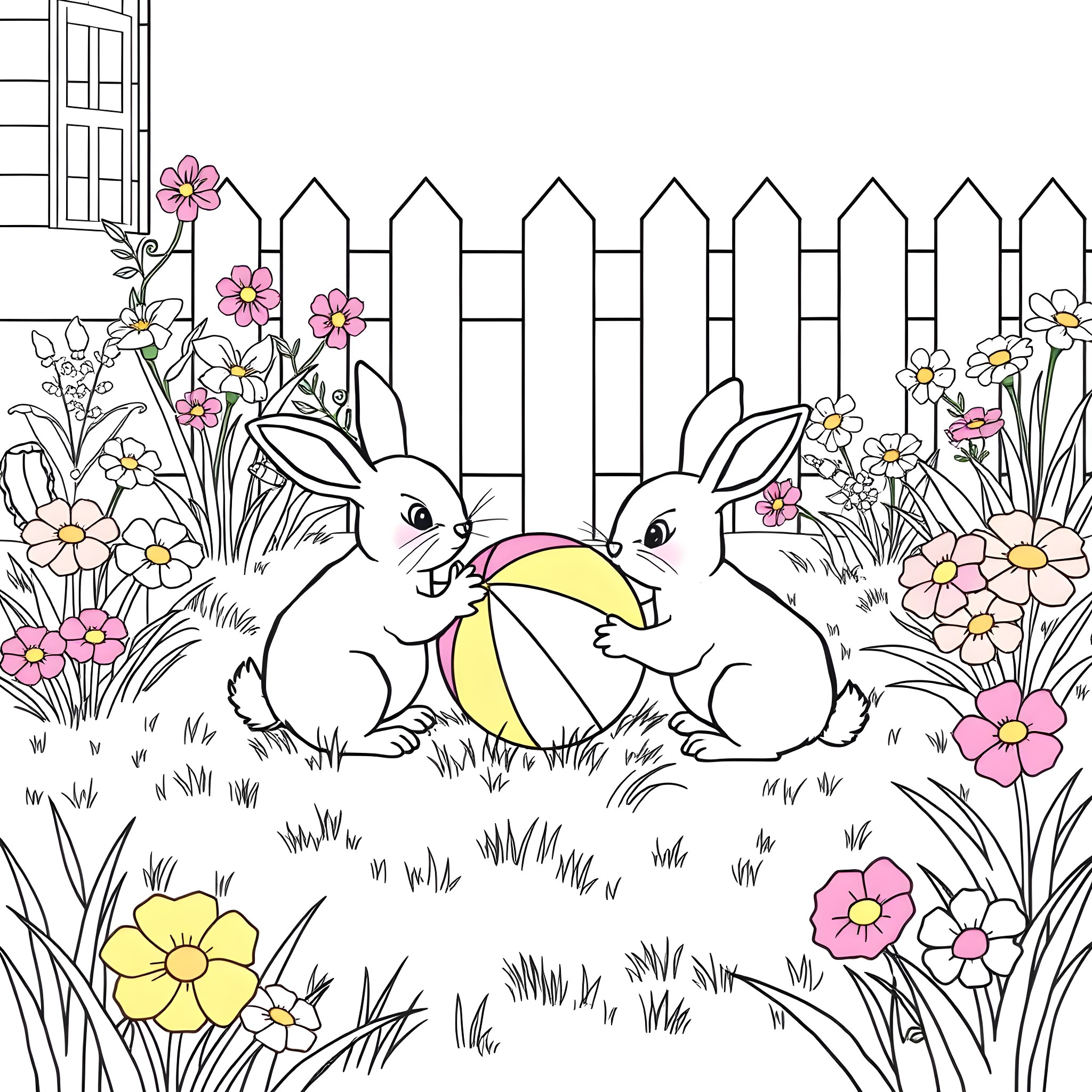 Bunny Friends Enjoying Flowers in the Garden Coloring Page (free black-and-white line drawing printable PDF for all, from beginners to advanced learners, including children, teens, adults, and seniors)