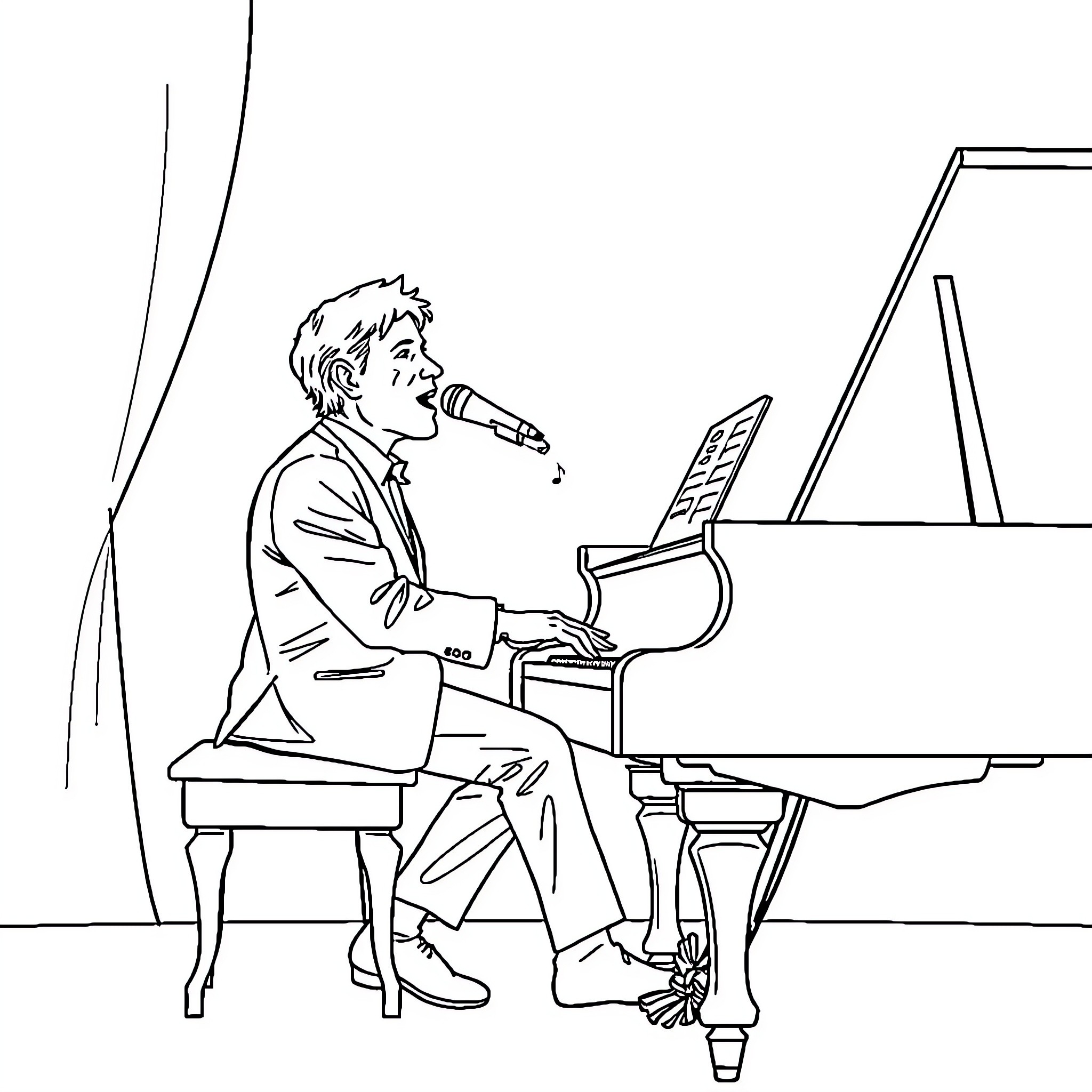 Bowser performing on stage with piano Coloring Page (free black-and-white line drawing printable PDF for all, from beginners to advanced learners, including children, teens, adults, and seniors)