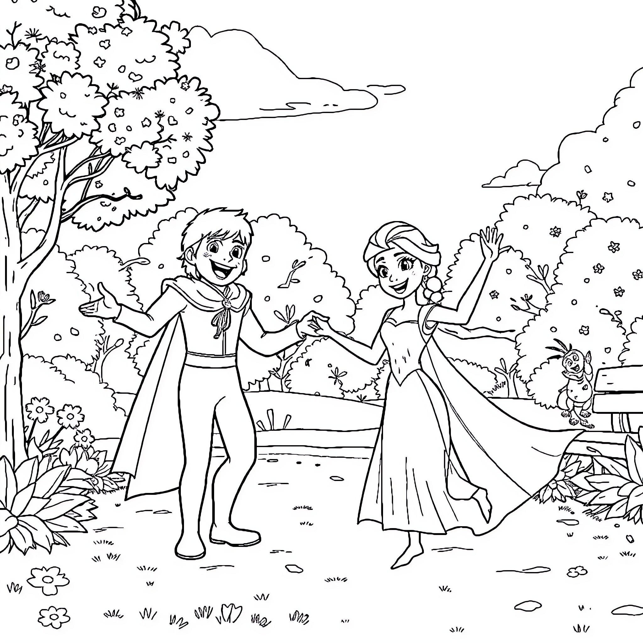 Character playing happily with friend in nature Coloring Page (free black-and-white line drawing printable PDF for all, from beginners to advanced learners, including children, teens, adults, and seniors)