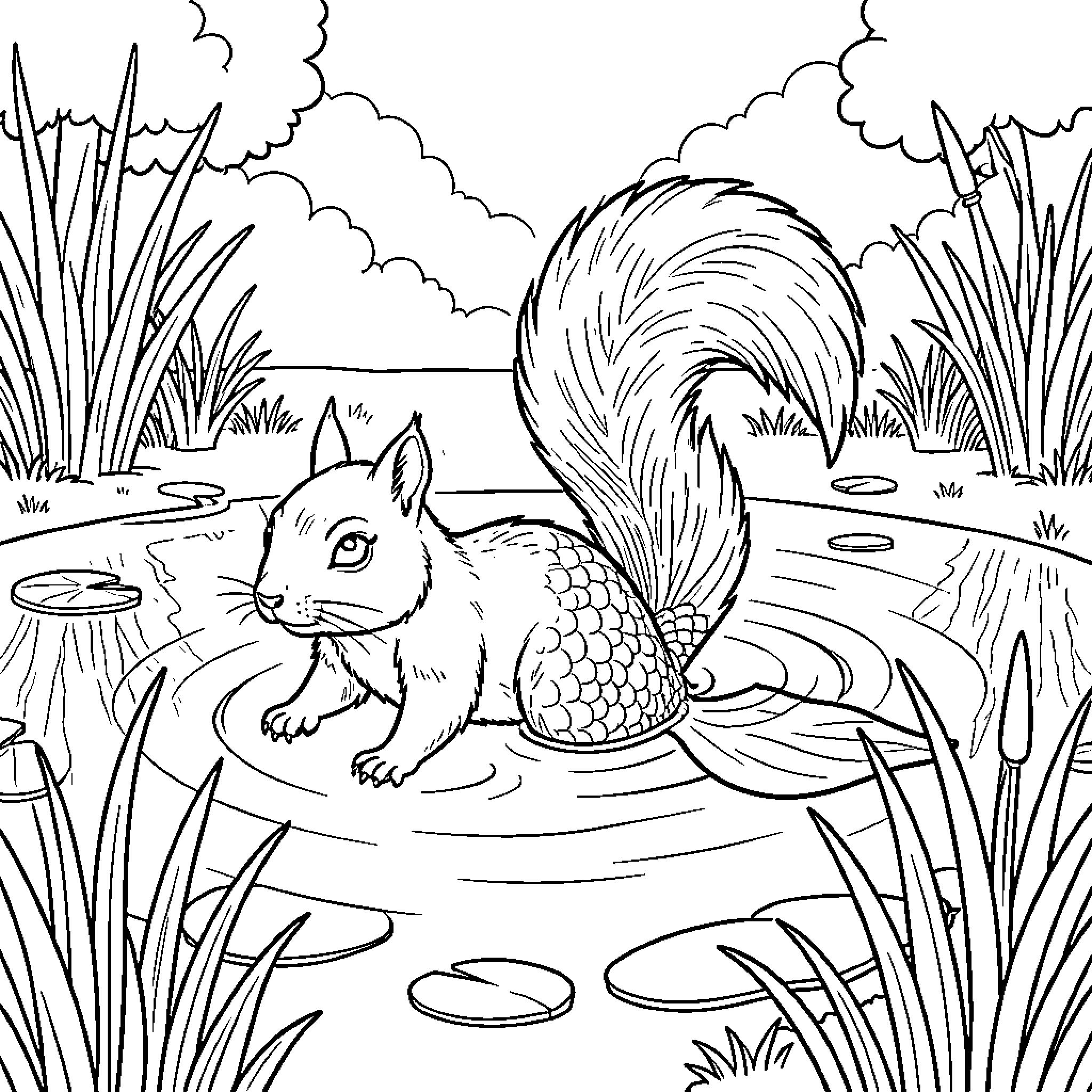 Mermaid Squirrel swimming peacefully in a pond Coloring Page (free black-and-white line drawing printable PDF for all, from beginners to advanced learners, including children, teens, adults, and seniors)