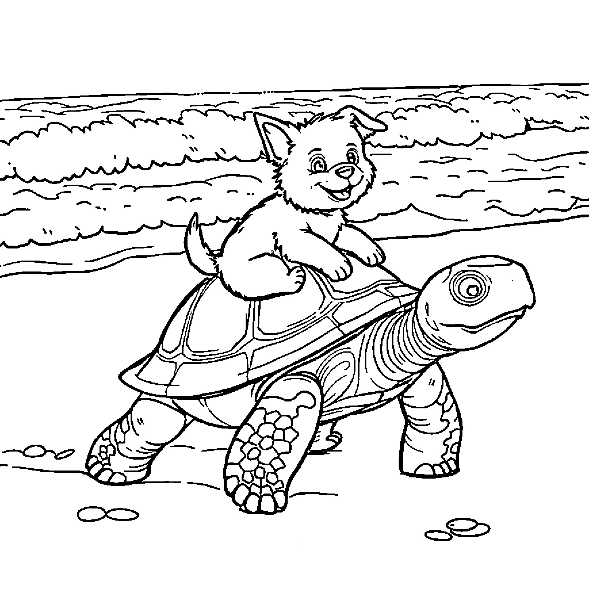 Dog riding playfully on turtle at the beach Coloring Page (free black-and-white line drawing printable PDF for all, from beginners to advanced learners, including children, teens, adults, and seniors)