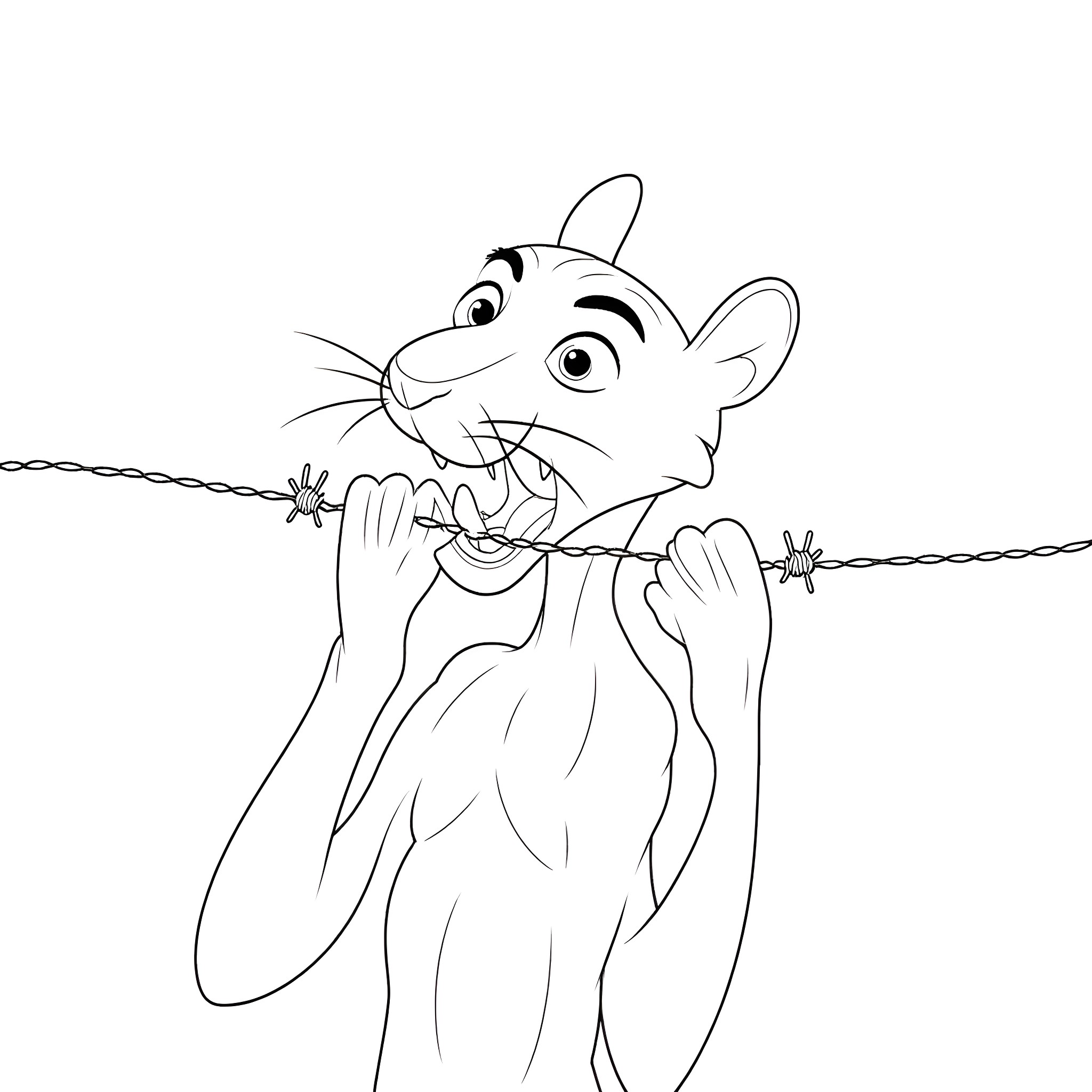 Pink Panther climbing over a barbed wire fence Coloring Page (free black-and-white line drawing printable PDF for all, from beginners to advanced learners, including children, teens, adults, and seniors)