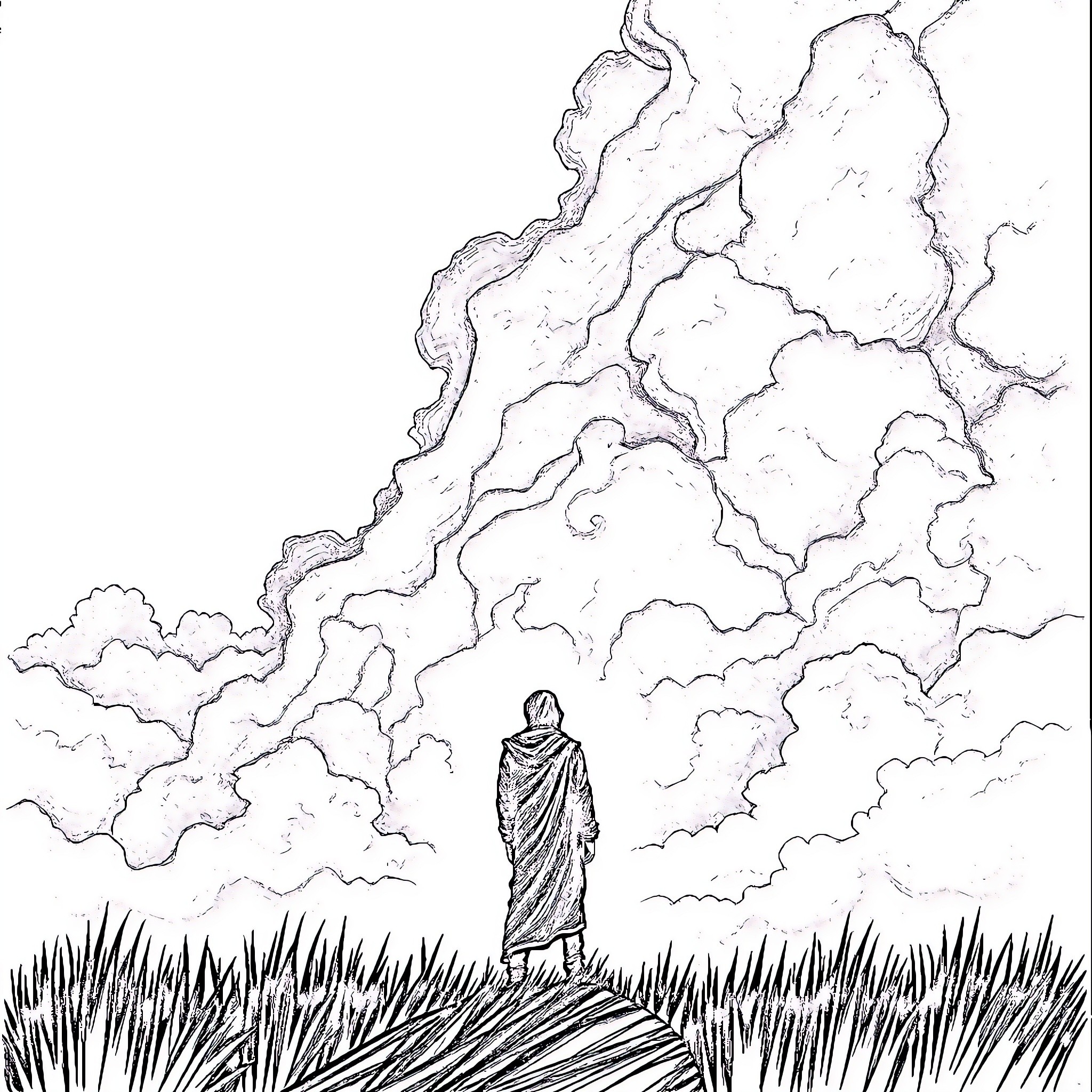 Person standing alone in a mysterious landscape Coloring Page (free black-and-white line drawing printable PDF for all, from beginners to advanced learners, including children, teens, adults, and seniors)