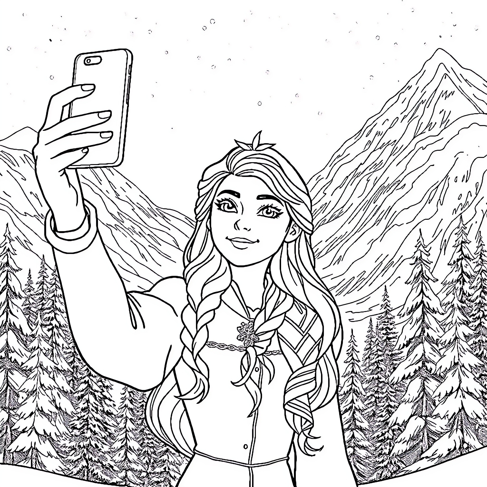 Snow Queen taking a selfie in the snowy mountains Coloring Page (free black-and-white line drawing printable PDF for all, from beginners to advanced learners, including children, teens, adults, and seniors)