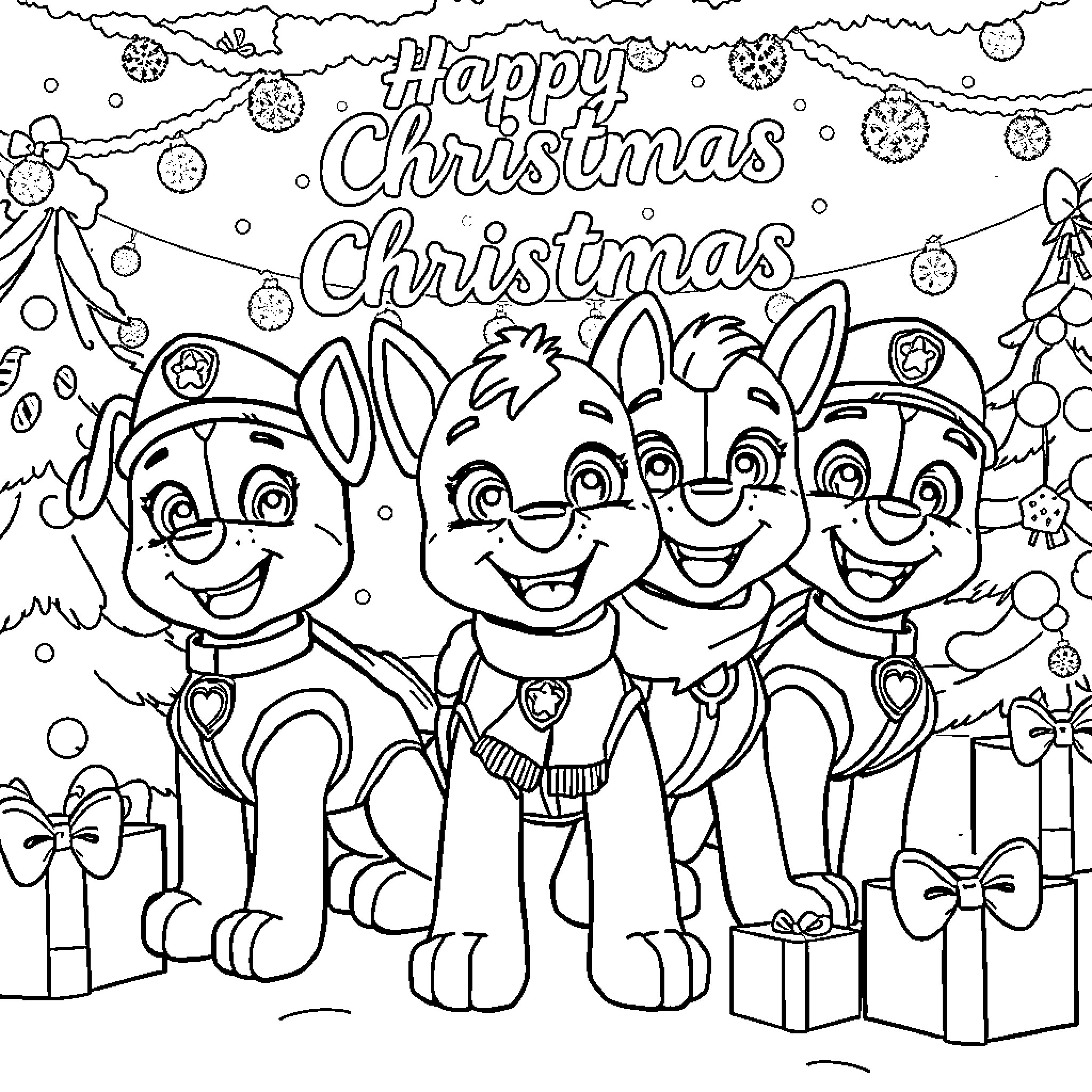 Paw Patrol Puppies Celebrate Christmas Coloring Page (free black-and-white line drawing printable PDF for all, from beginners to advanced learners, including children, teens, adults, and seniors)