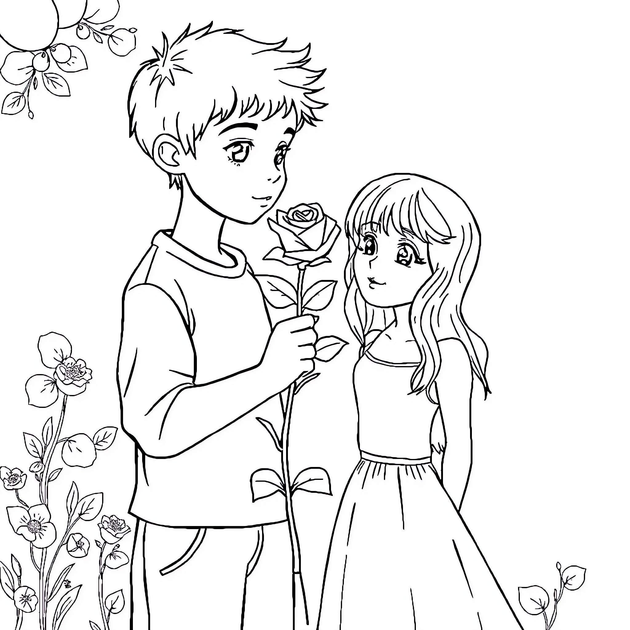 Boy gifting flower to girl in garden Coloring Page (free black-and-white line drawing printable PDF for all, from beginners to advanced learners, including children, teens, adults, and seniors)