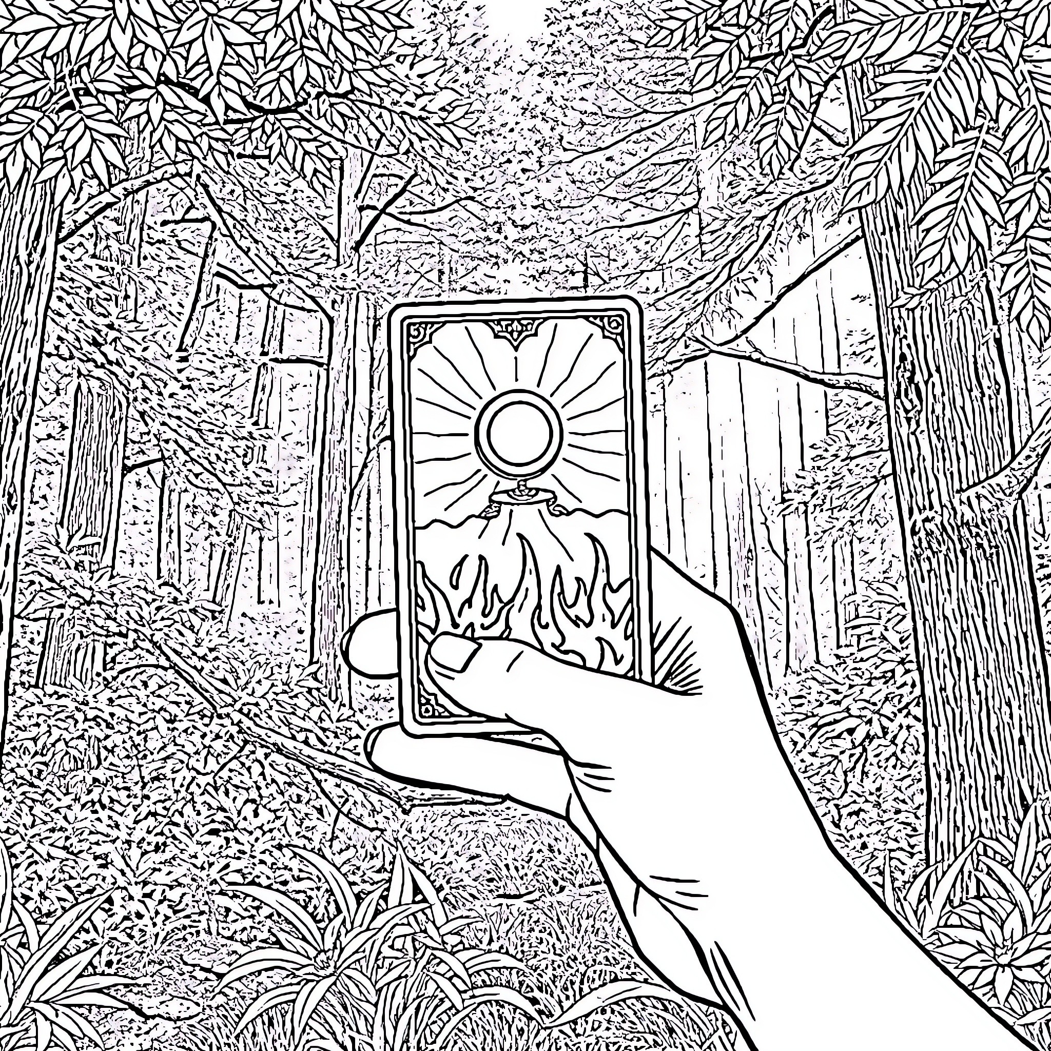 Tarot Card of a Hand Holding the Sun in a Mystical Forest Coloring Page (free black-and-white line drawing printable PDF for all, from beginners to advanced learners, including children, teens, adults, and seniors)