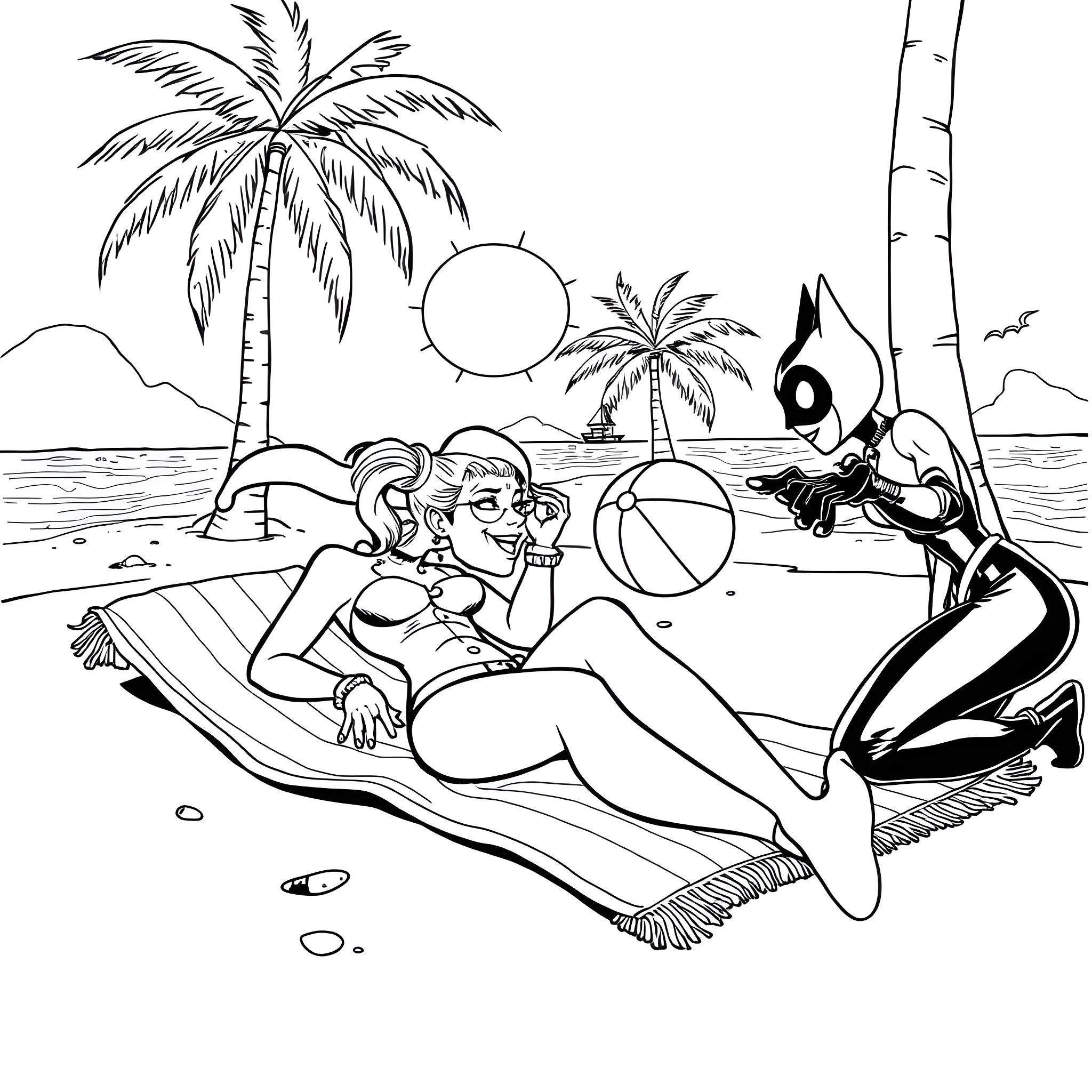 Harley Quinn relaxing on the beach with Joker Coloring Page (free black-and-white line drawing printable PDF for all, from beginners to advanced learners, including children, teens, adults, and seniors)