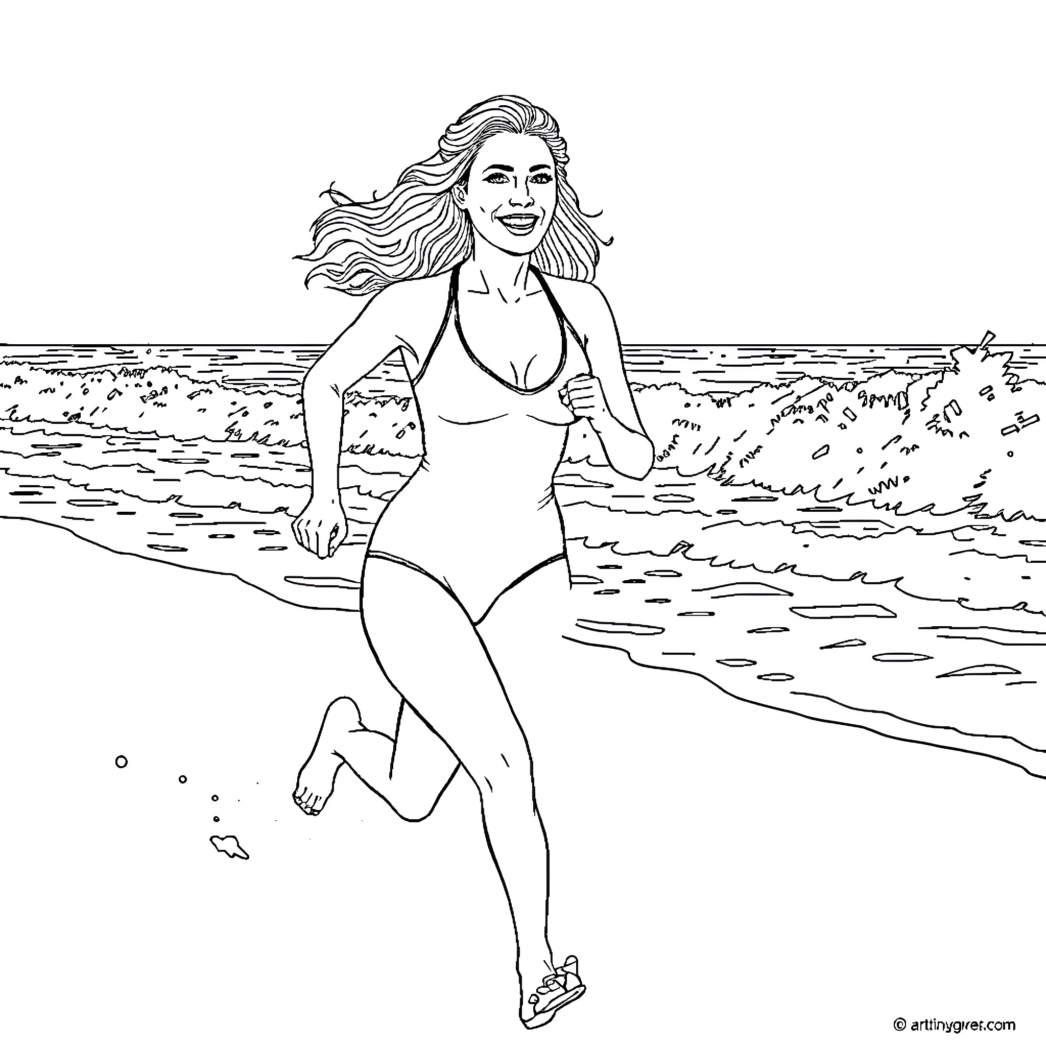 Sydney Sweeney joyfully running on the beach Coloring Page (free black-and-white line drawing printable PDF for all, from beginners to advanced learners, including children, teens, adults, and seniors)