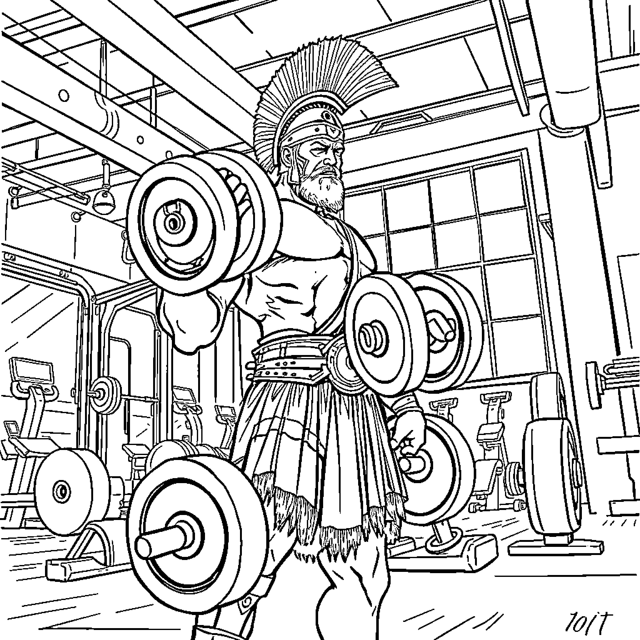 Gladiator training with weights and workout equipment Coloring Page (free black-and-white line drawing printable PDF for all, from beginners to advanced learners, including children, teens, adults, and seniors)