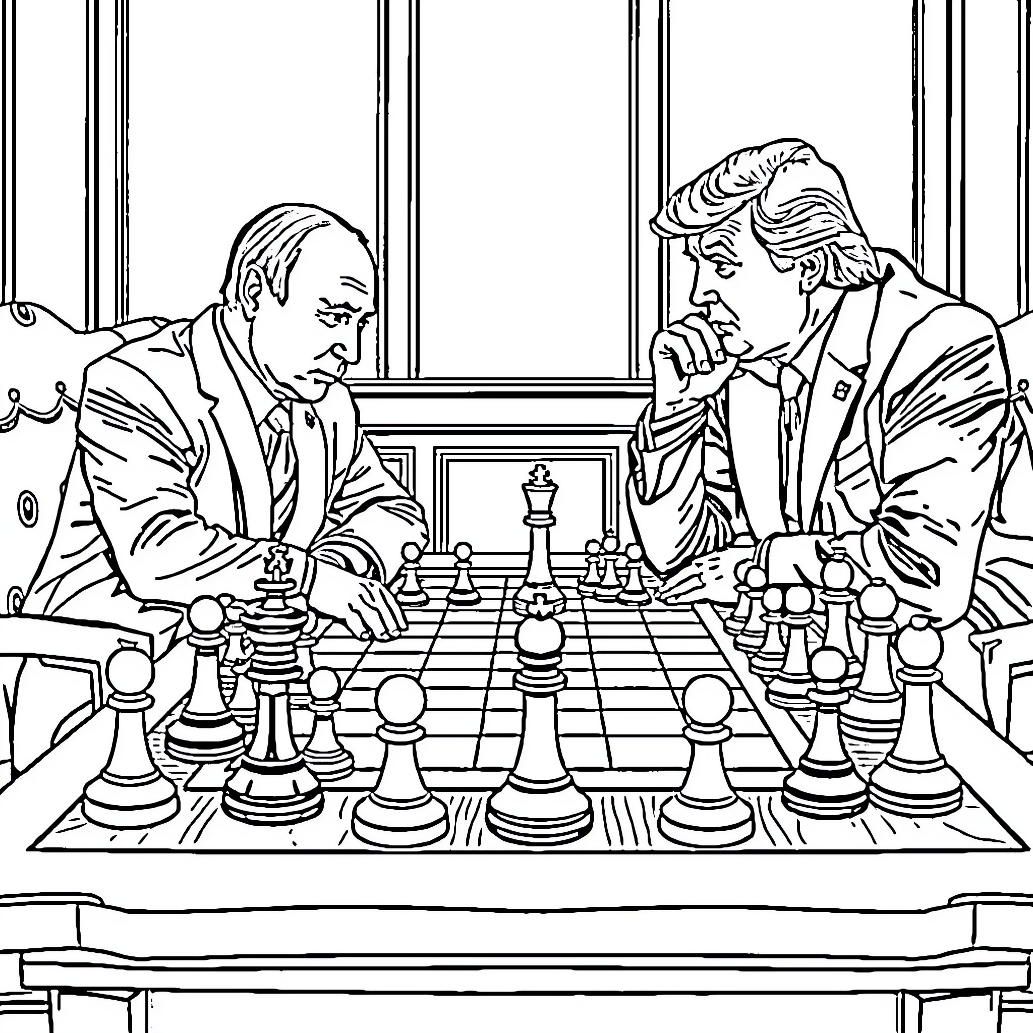 Putin playing chess with a diplomatic rival Coloring Page (free black-and-white line drawing printable PDF for all, from beginners to advanced learners, including children, teens, adults, and seniors)