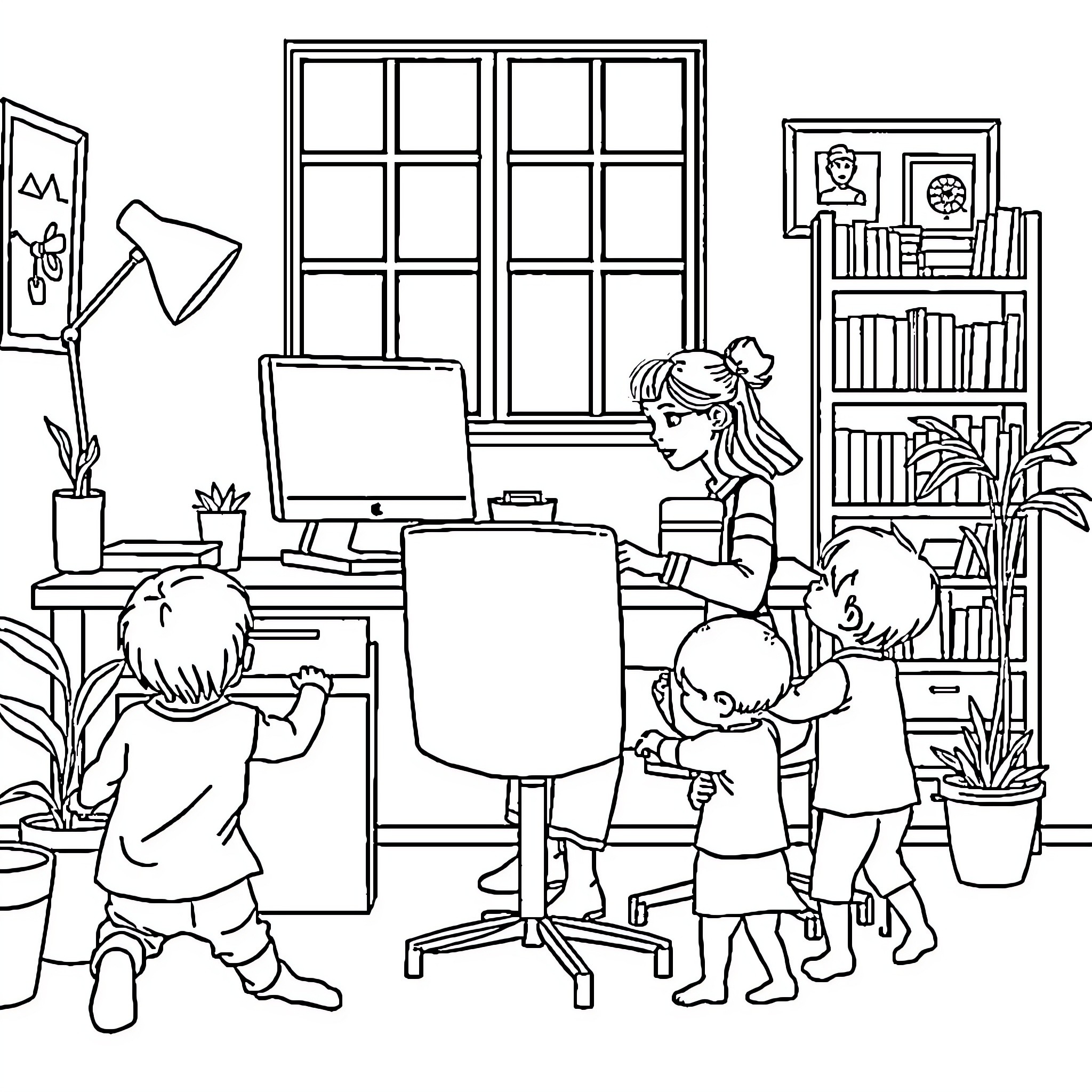 Mother working on computer with children playing Coloring Page (free black-and-white line drawing printable PDF for all, from beginners to advanced learners, including children, teens, adults, and seniors)
