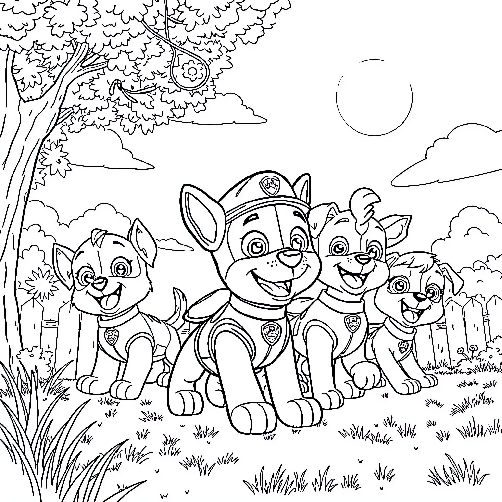 Paw Patrol pups playing together in the park Coloring Page (free black-and-white line drawing printable PDF for all, from beginners to advanced learners, including children, teens, adults, and seniors)
