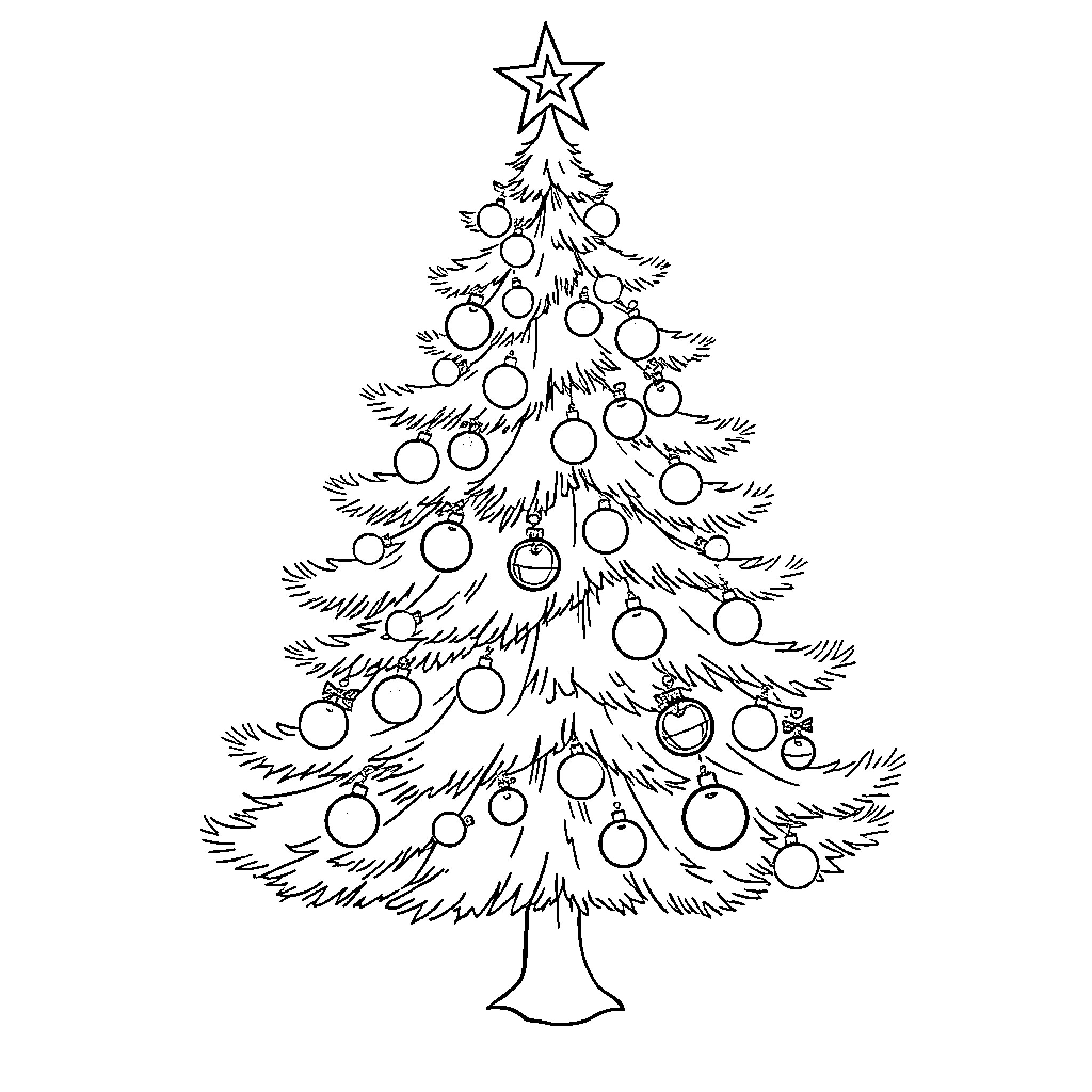 Christmas Tree with Ornaments and Star Topper Coloring Page (free black-and-white line drawing printable PDF for all, from beginners to advanced learners, including children, teens, adults, and seniors)