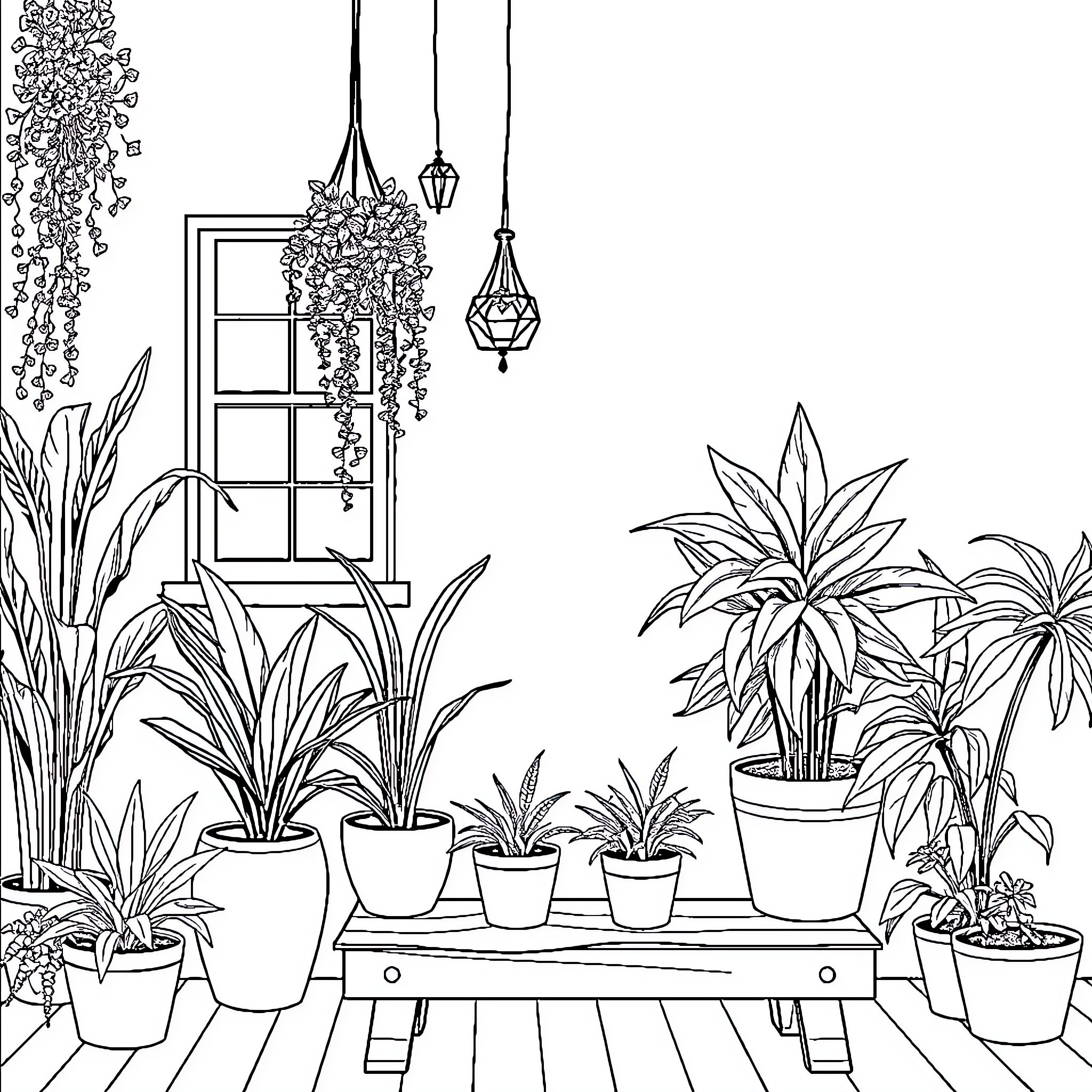Plant-filled room with decorative hanging lights Coloring Page (free black-and-white line drawing printable PDF for all, from beginners to advanced learners, including children, teens, adults, and seniors)