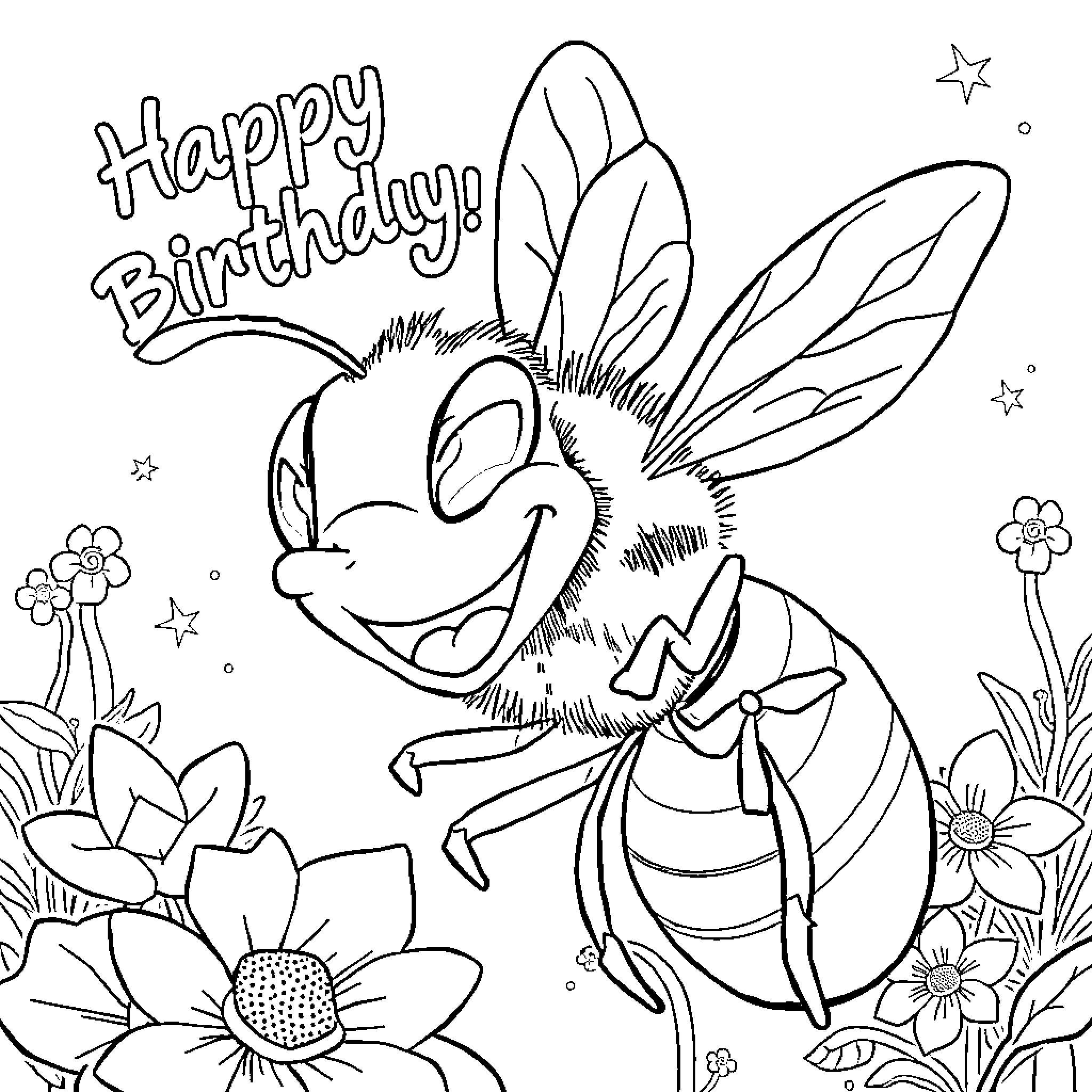 Hornet celebrating a happy birthday with flowers and stars Coloring Page (free black-and-white line drawing printable PDF for all, from beginners to advanced learners, including children, teens, adults, and seniors)