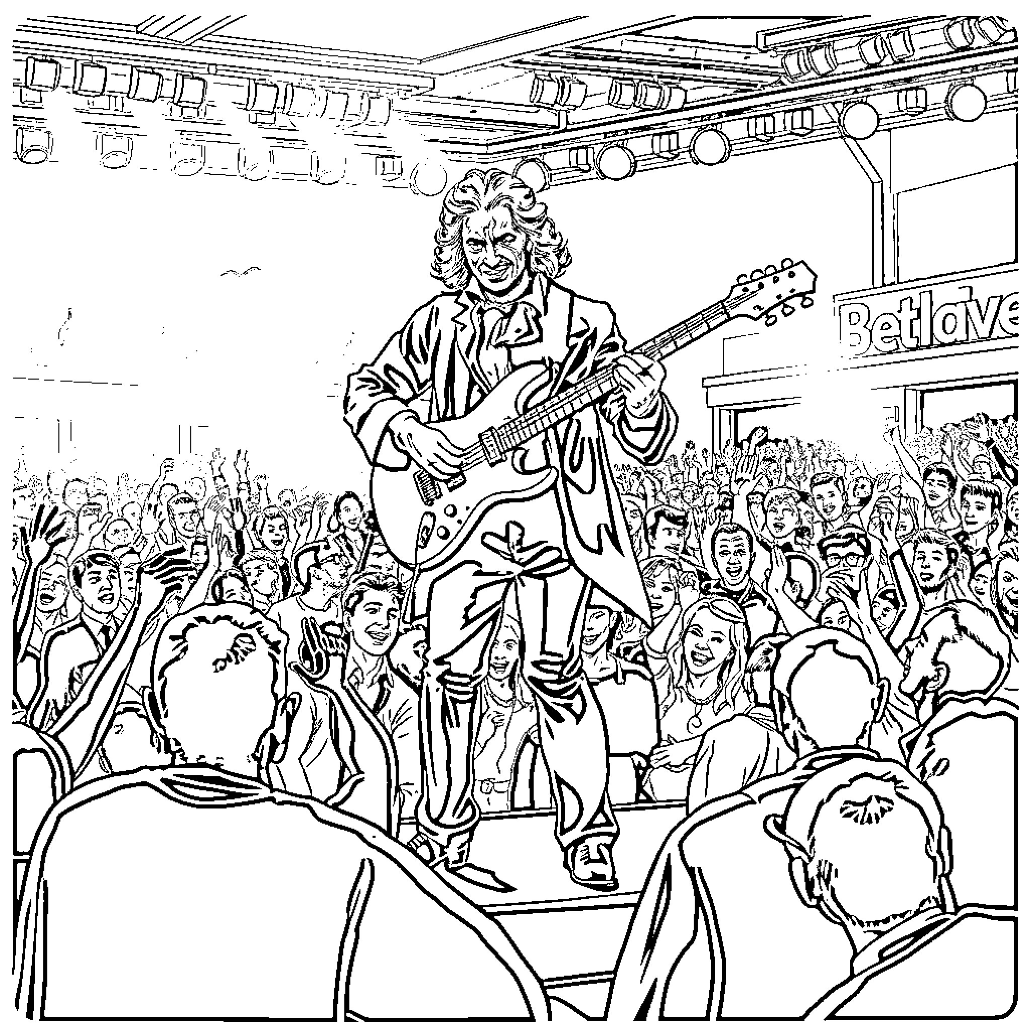 Beethoven performing on stage with crowd Coloring Page (free black-and-white line drawing printable PDF for all, from beginners to advanced learners, including children, teens, adults, and seniors)
