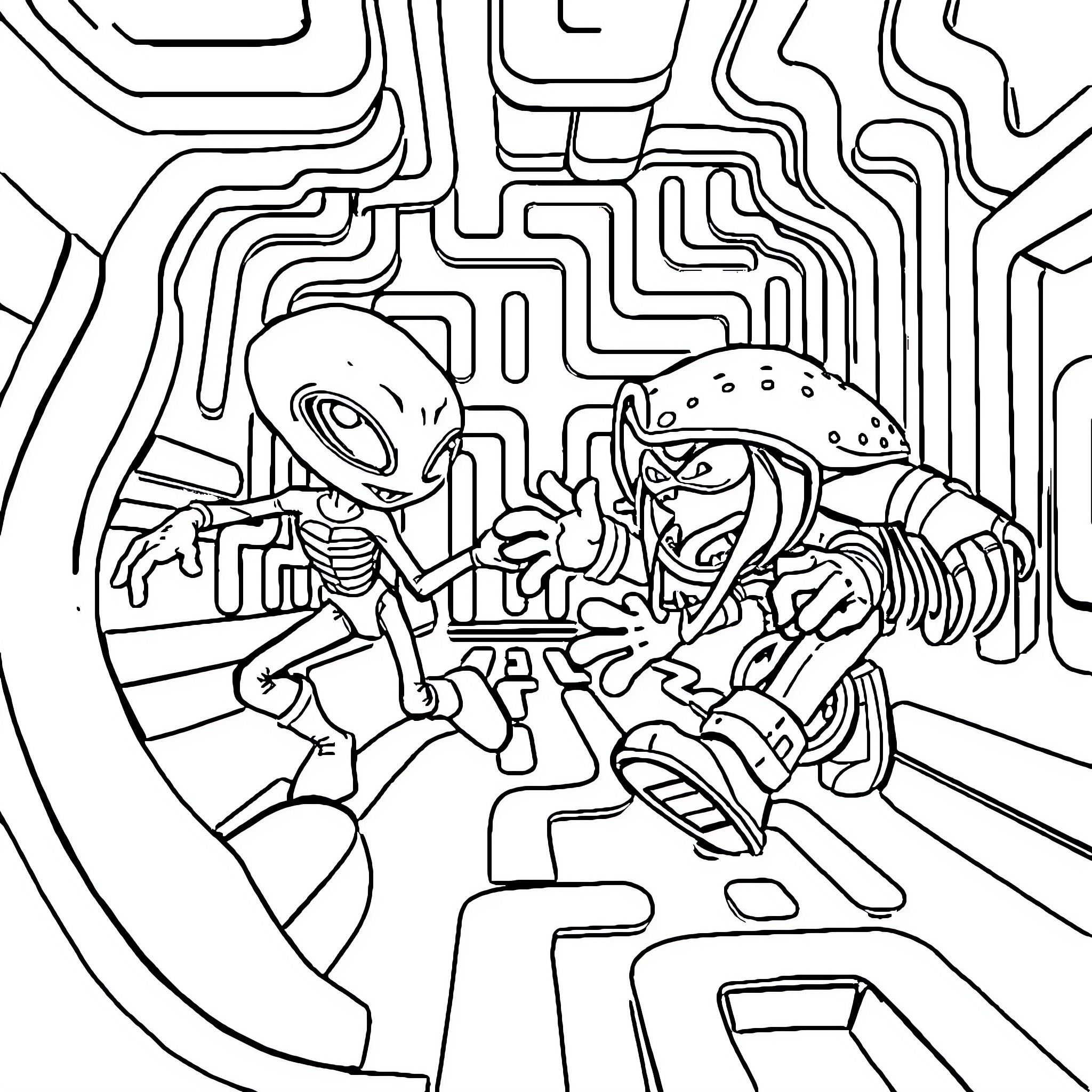 Alien Scientists Examining Mysterious Creature Coloring Page (free black-and-white line drawing printable PDF for all, from beginners to advanced learners, including children, teens, adults, and seniors)