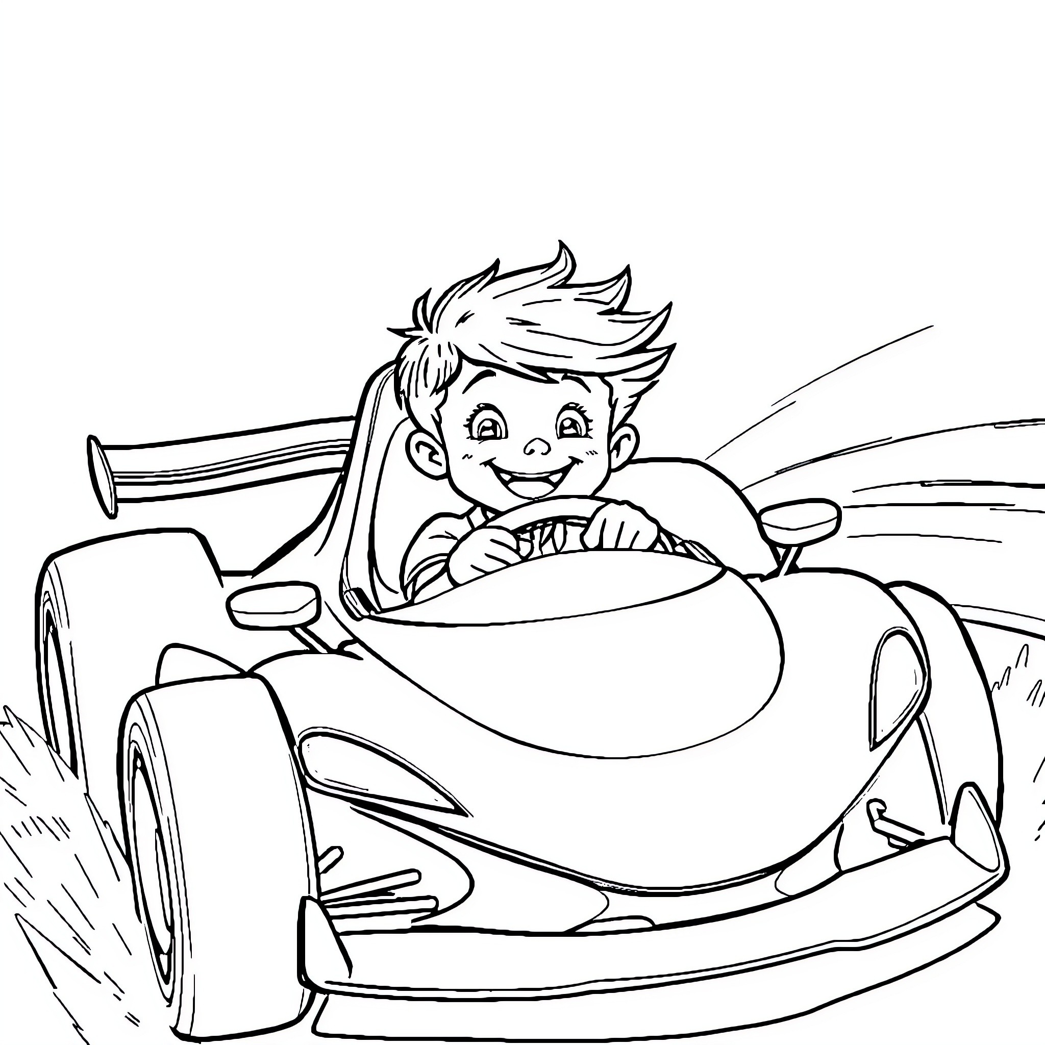 Boy driving a racing car happily Coloring Page (free black-and-white line drawing printable PDF for all, from beginners to advanced learners, including children, teens, adults, and seniors)