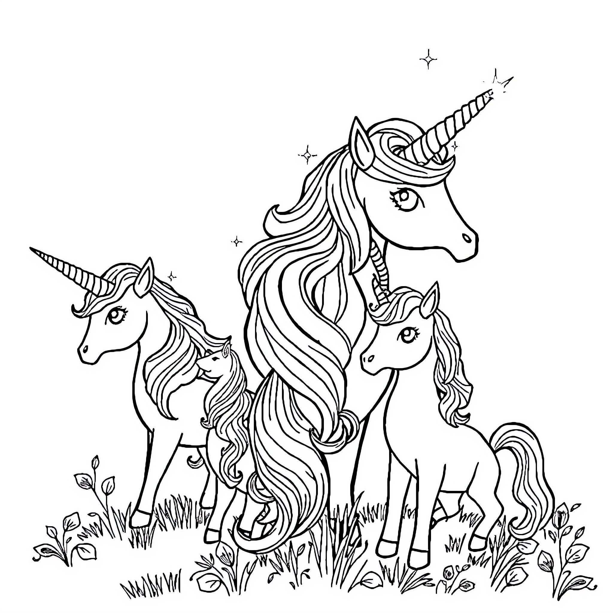 Alicorns frolicking in a whimsical meadow Coloring Page (free black-and-white line drawing printable PDF for all, from beginners to advanced learners, including children, teens, adults, and seniors)