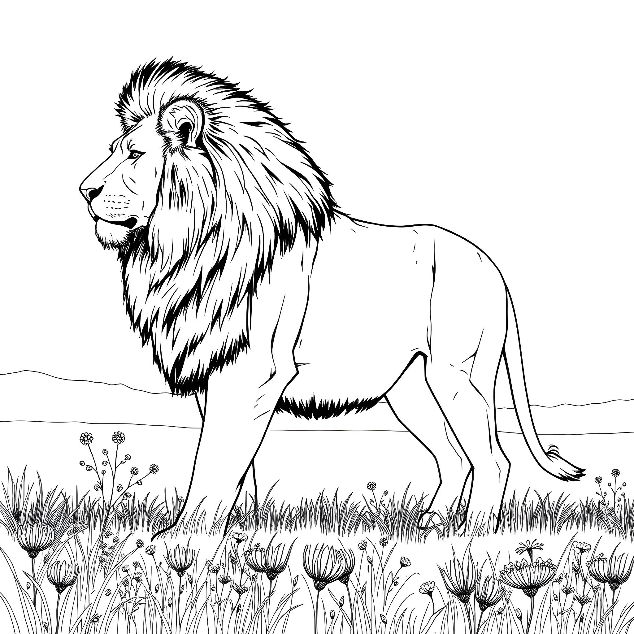 Lion standing proudly in a field of flowers Coloring Page (free black-and-white line drawing printable PDF for all, from beginners to advanced learners, including children, teens, adults, and seniors)