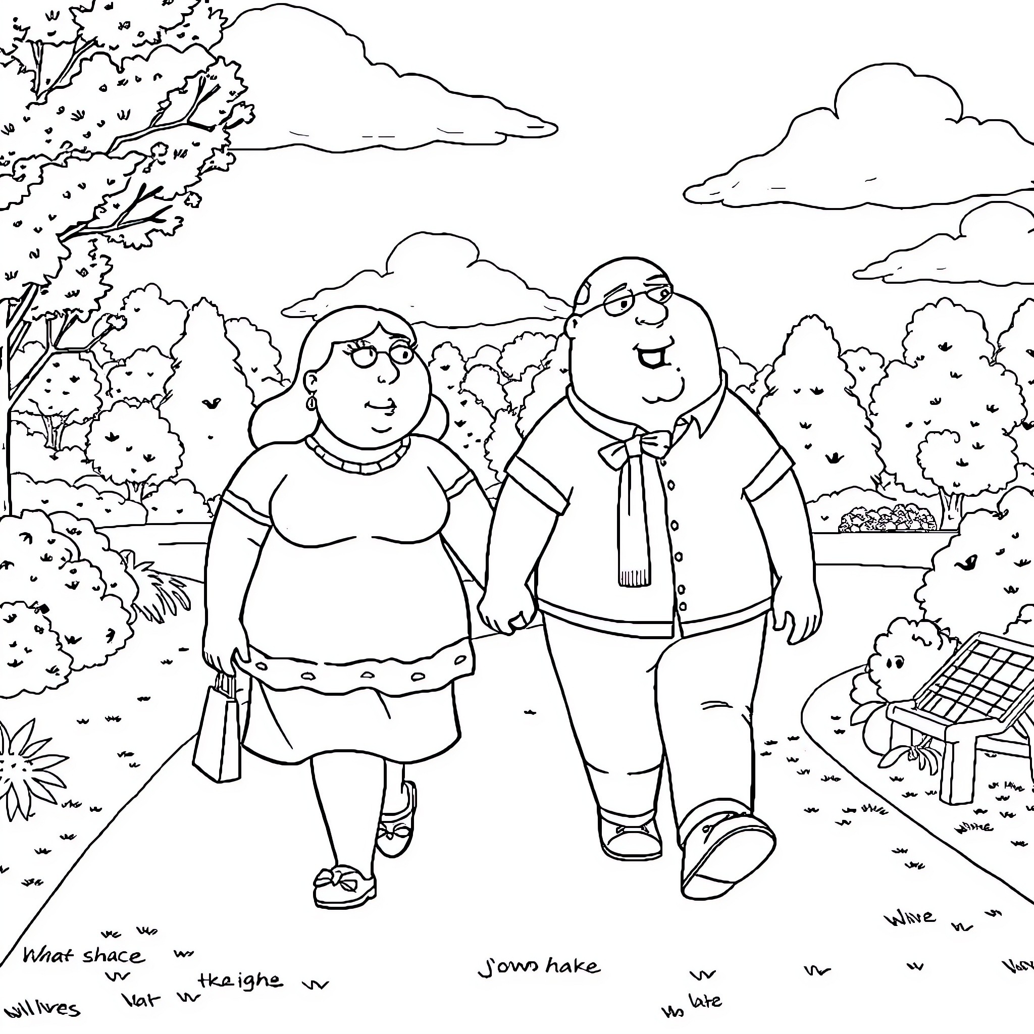 Fiona and Robert's Countryside Stroll Coloring Page (free black-and-white line drawing printable PDF for all, from beginners to advanced learners, including children, teens, adults, and seniors)