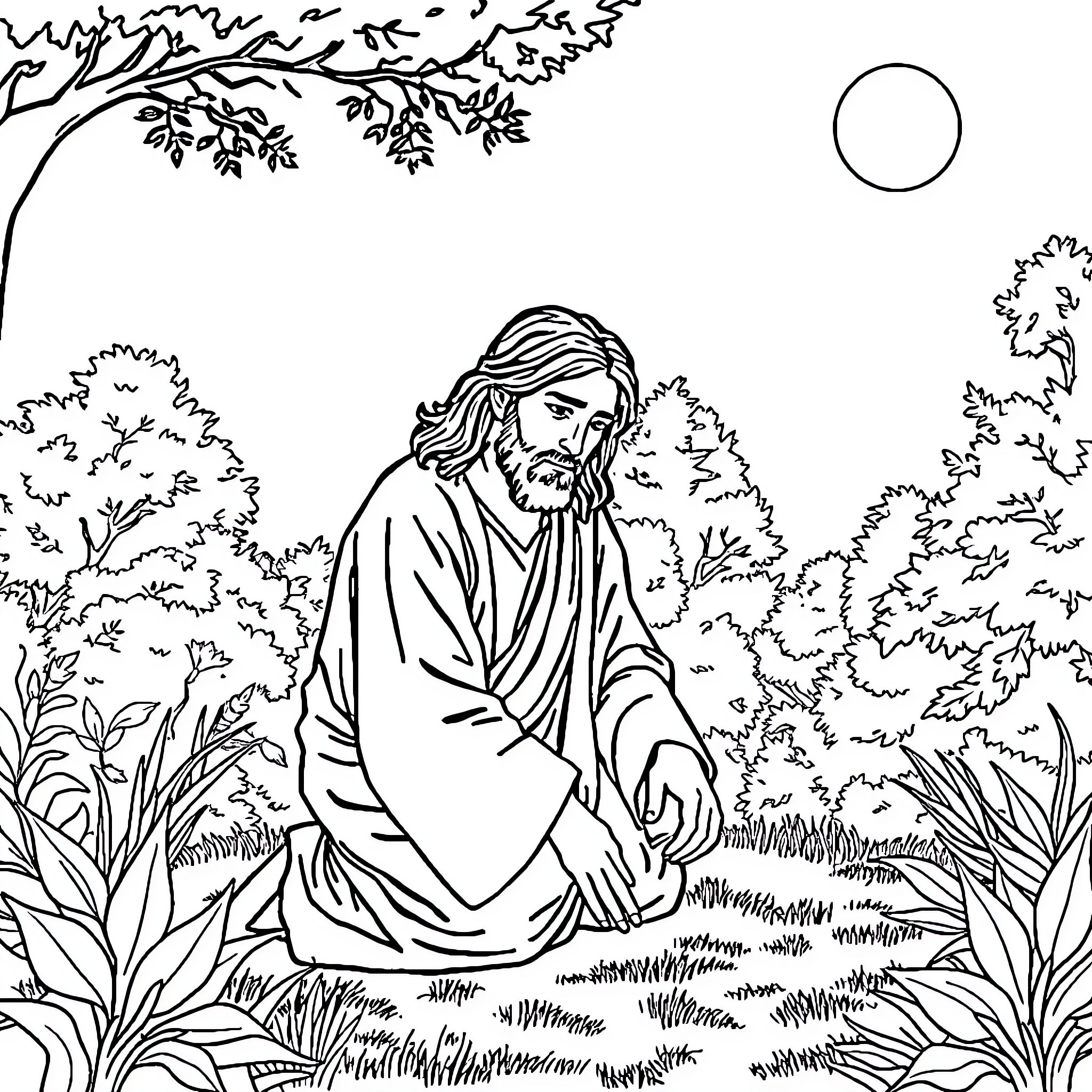 Agony in the Garden - Jesus praying in the wilderness Coloring Page (free black-and-white line drawing printable PDF for all, from beginners to advanced learners, including children, teens, adults, and seniors)