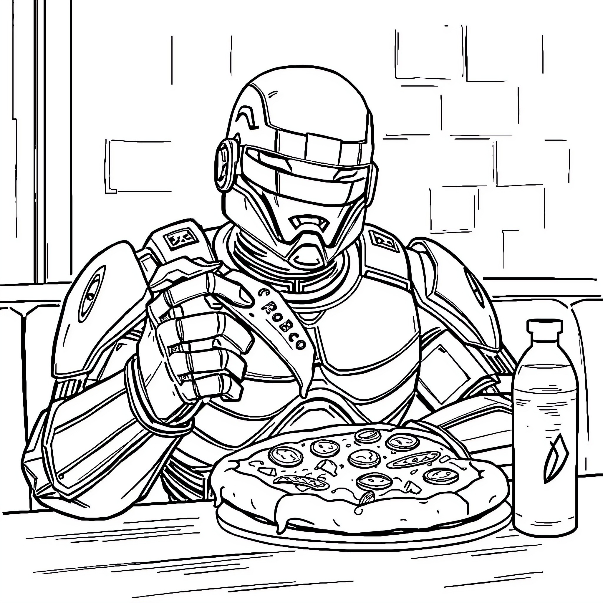 Robocop enjoying a slice of pizza in the city Coloring Page (free black-and-white line drawing printable PDF for all, from beginners to advanced learners, including children, teens, adults, and seniors)