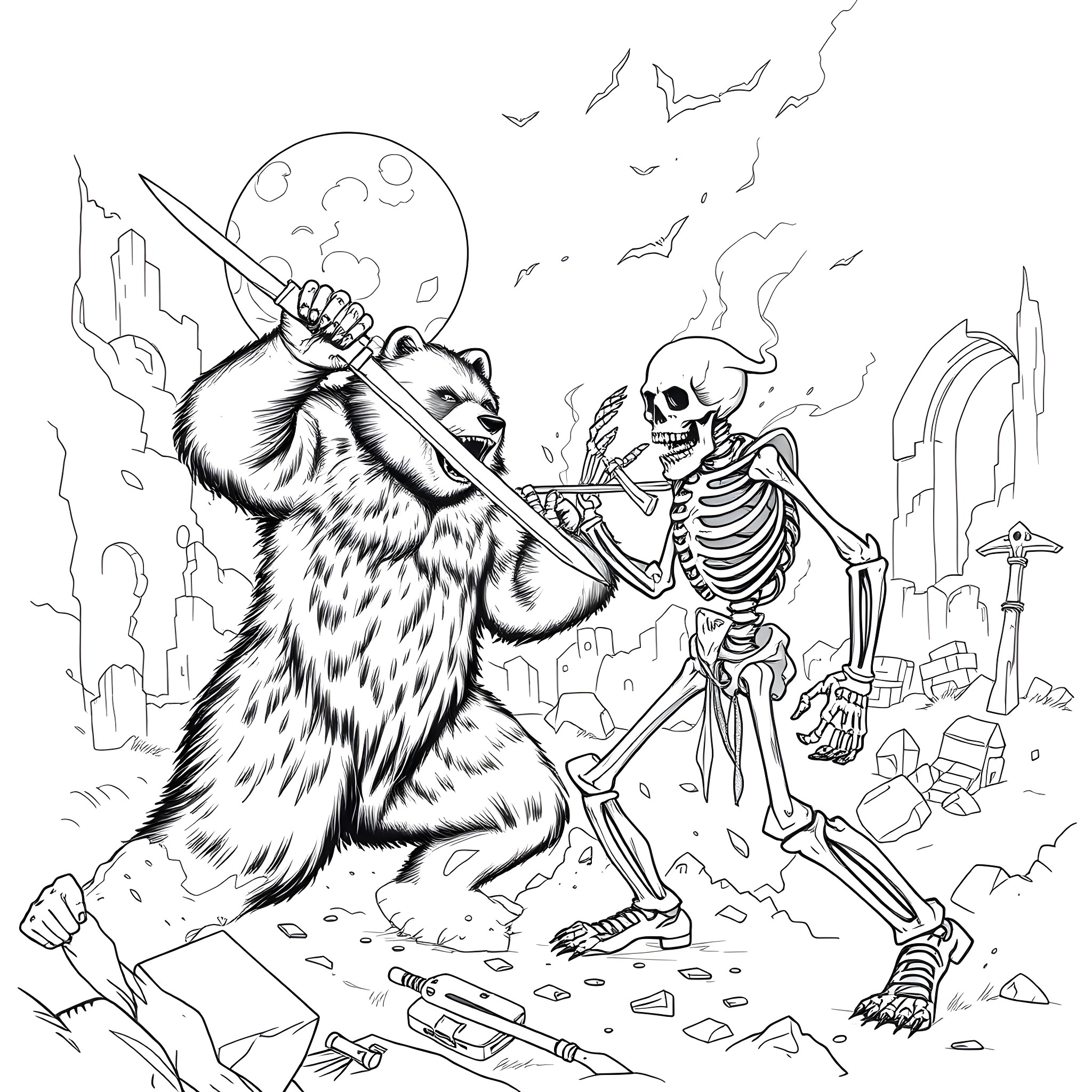 Bear skeleton in battle with furry beast Coloring Page (free black-and-white line drawing printable PDF for all, from beginners to advanced learners, including children, teens, adults, and seniors)