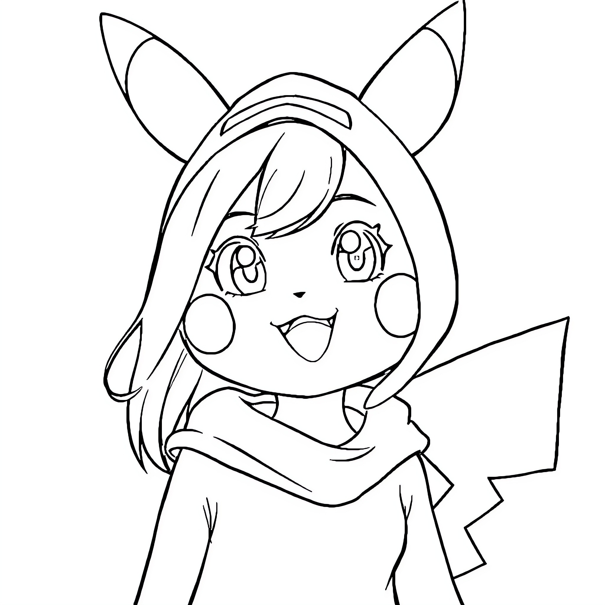 Lady in Pikachu-inspired Outfit Posing Playfully Coloring Page (free black-and-white line drawing printable PDF for all, from beginners to advanced learners, including children, teens, adults, and seniors)