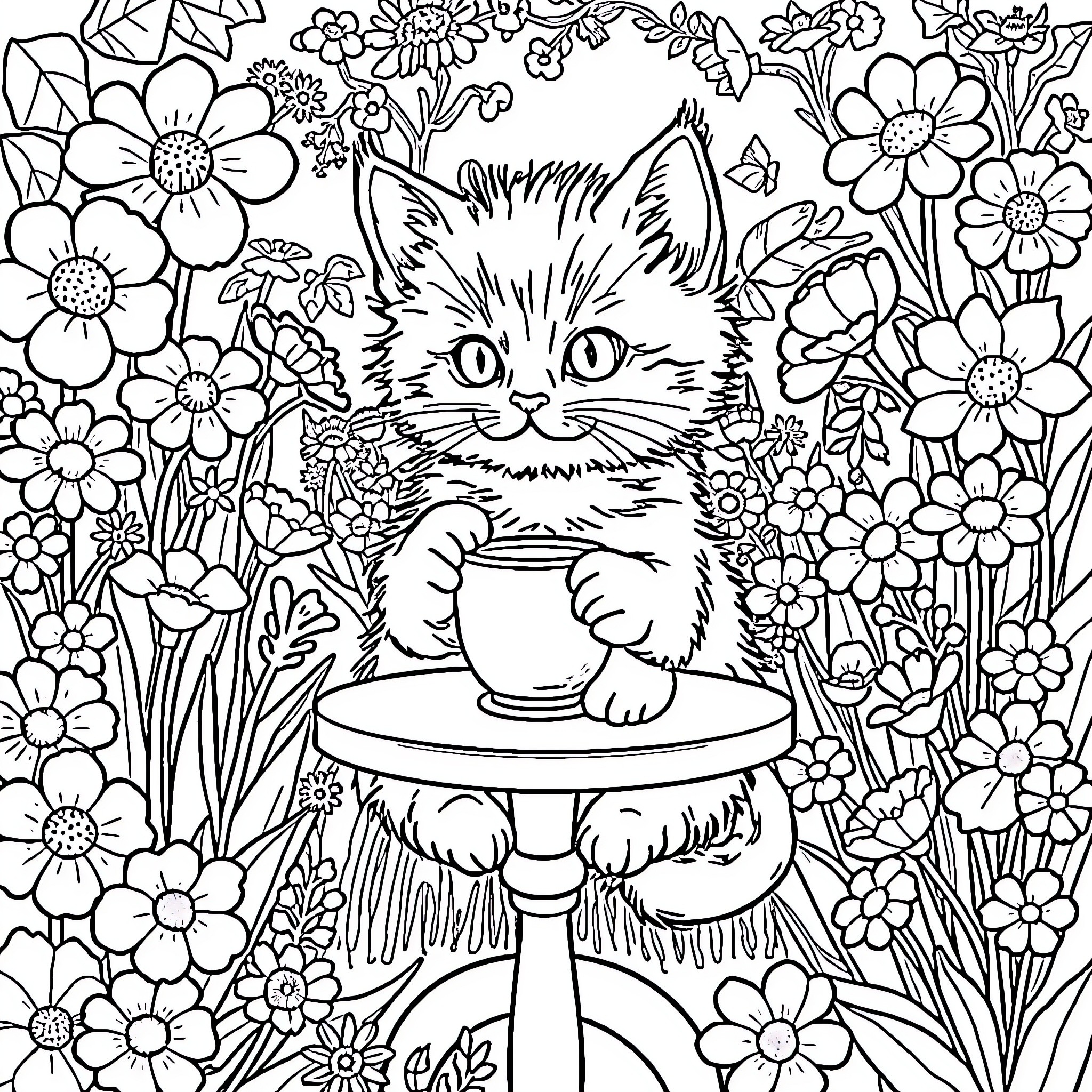 Kitten nestled in a floral garden Coloring Page (free black-and-white line drawing printable PDF for all, from beginners to advanced learners, including children, teens, adults, and seniors)