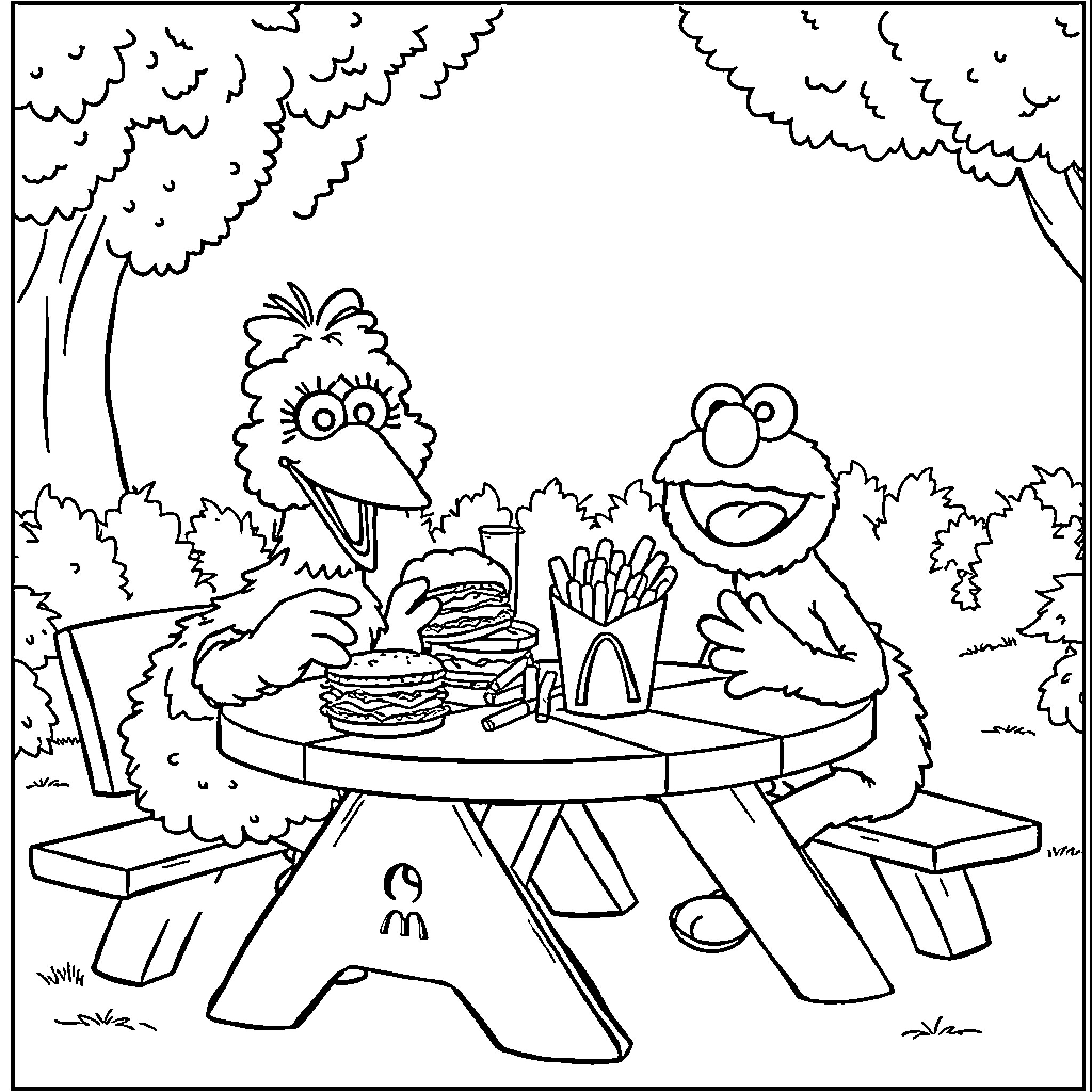 Sesame Street characters enjoying a picnic in the park Coloring Page (free black-and-white line drawing printable PDF for all, from beginners to advanced learners, including children, teens, adults, and seniors)