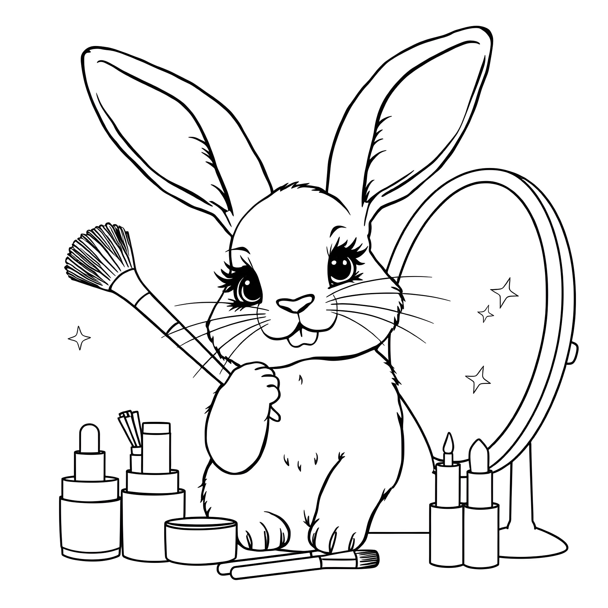 Rabbit with makeup applying cosmetics in front of mirror Coloring Page (free black-and-white line drawing printable PDF for all, from beginners to advanced learners, including children, teens, adults, and seniors)