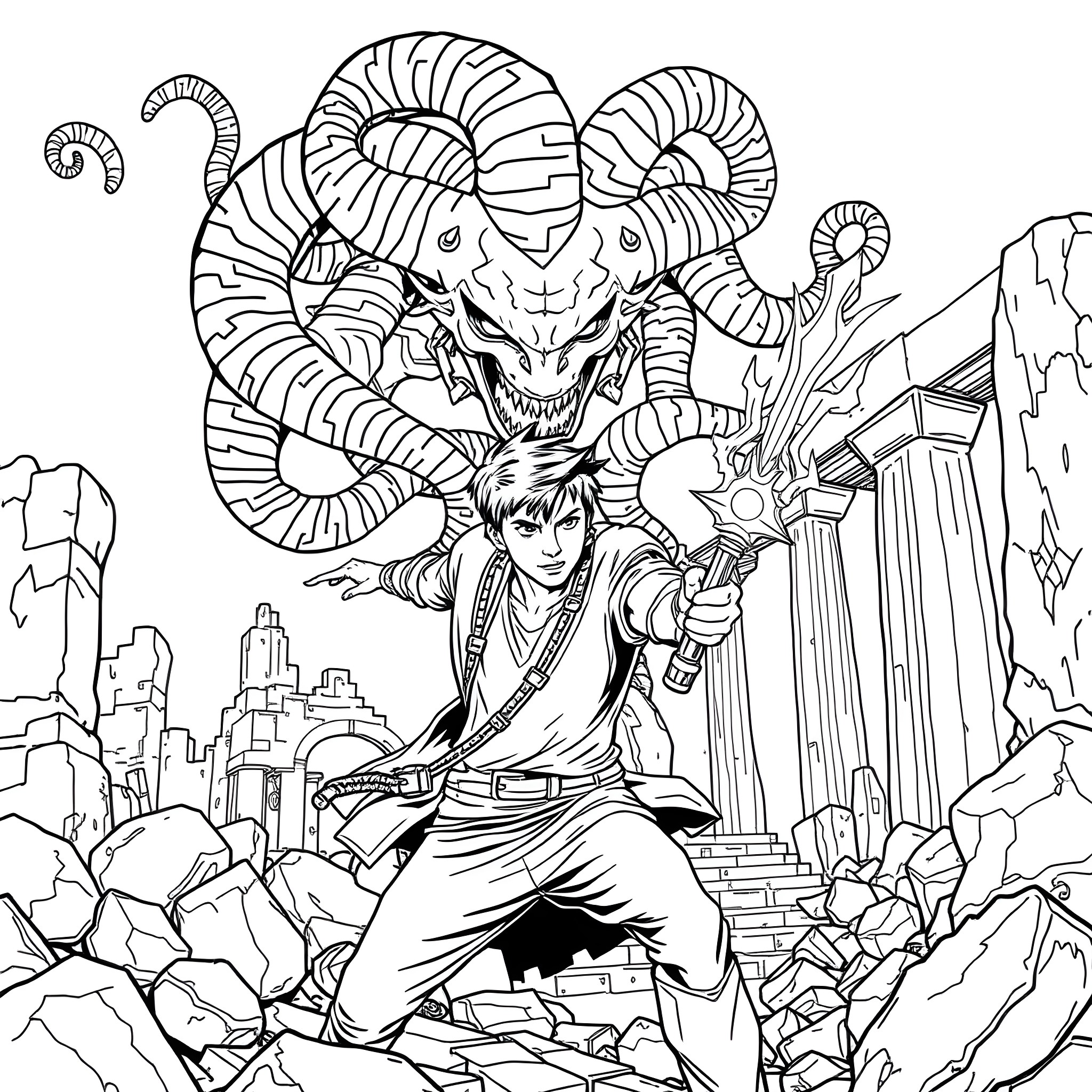 Percy Jackson facing a fearsome mythical creature Coloring Page (free black-and-white line drawing printable PDF for all, from beginners to advanced learners, including children, teens, adults, and seniors)