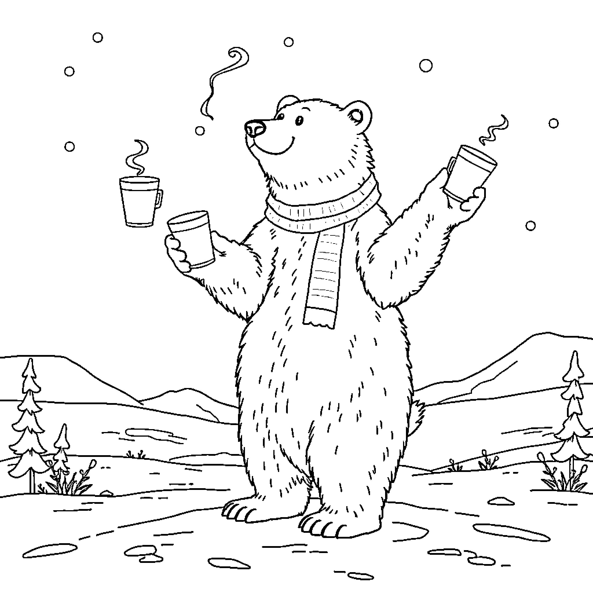 Polar Bear enjoying coffee and hot chocolate in snowy landscape Coloring Page (free black-and-white line drawing printable PDF for all, from beginners to advanced learners, including children, teens, adults, and seniors)