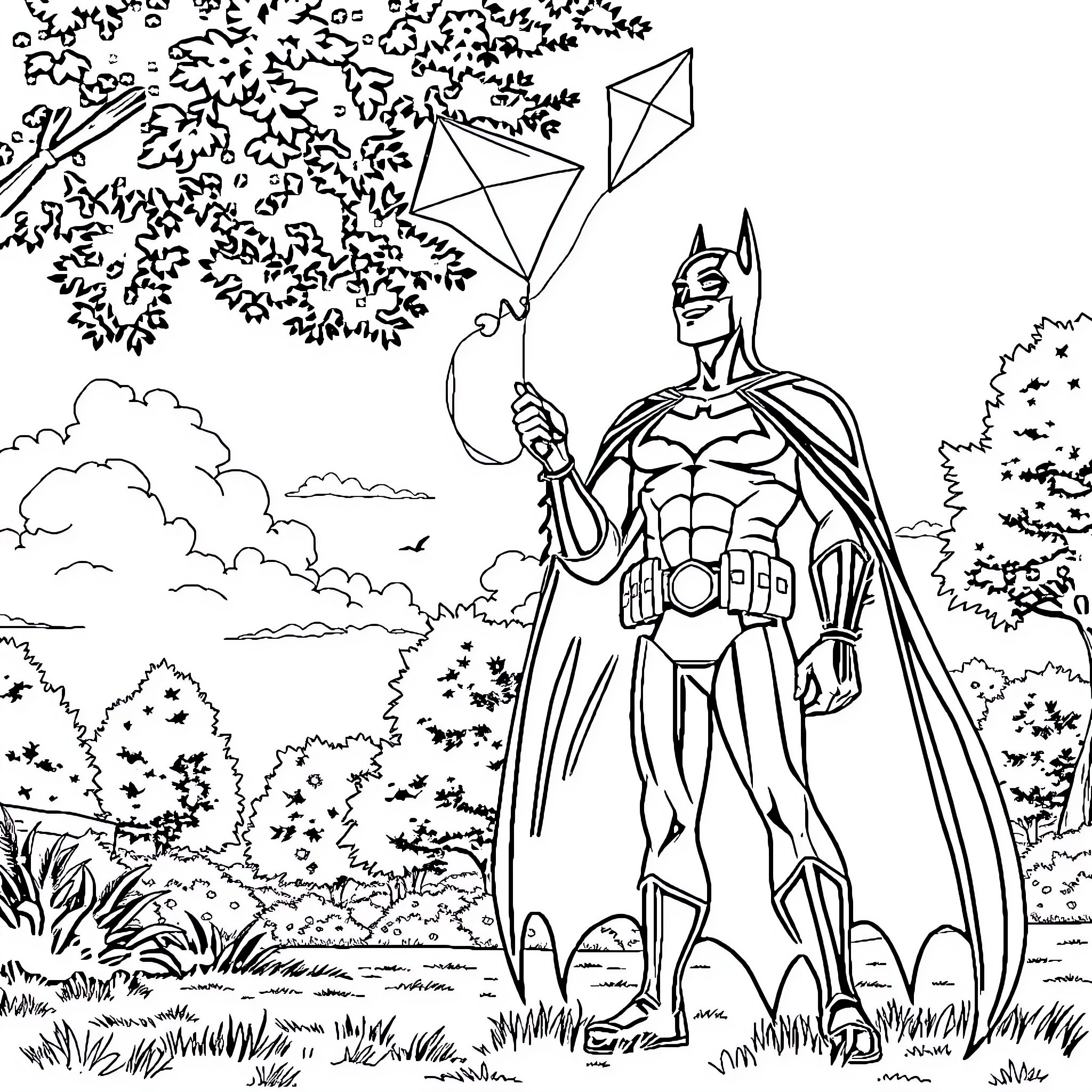 Joker Battles Mischievous Kites in Vibrant Landscape Coloring Page (free black-and-white line drawing printable PDF for all, from beginners to advanced learners, including children, teens, adults, and seniors)