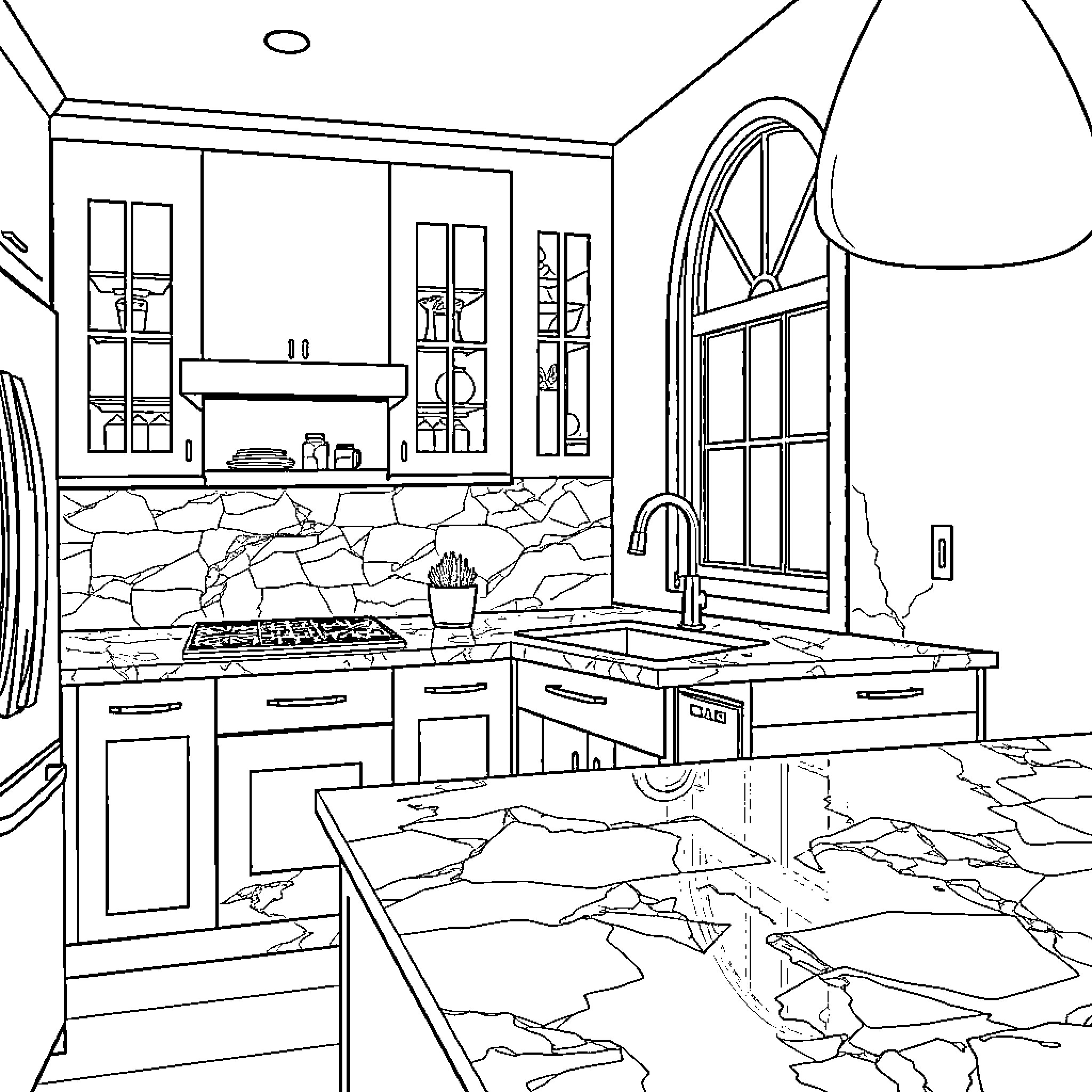 Quartz Countertops and Stone Walls in Modern Kitchen Coloring Page (free black-and-white line drawing printable PDF for all, from beginners to advanced learners, including children, teens, adults, and seniors)