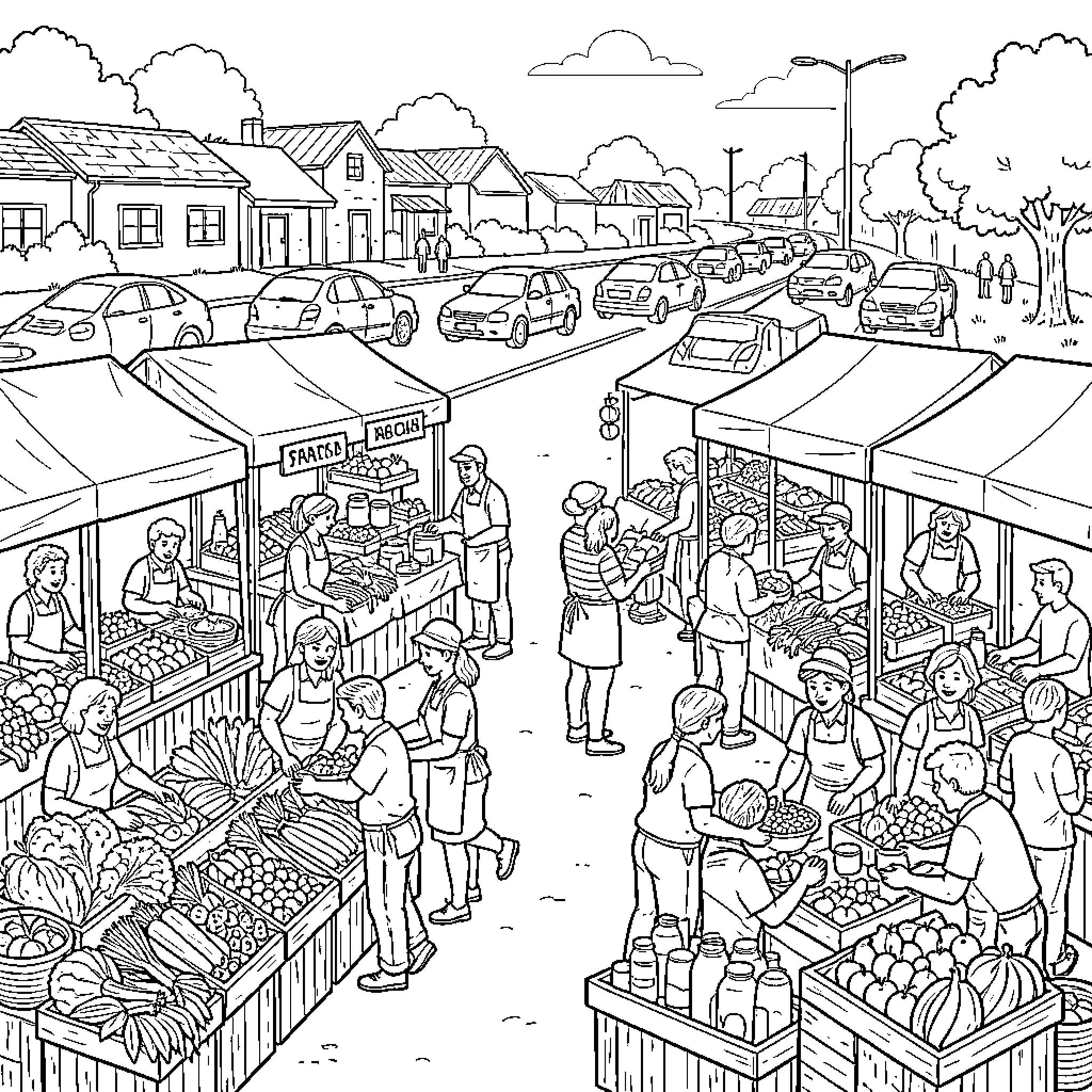 Market Day in the Busy Town Coloring Page (free black-and-white line drawing printable PDF for all, from beginners to advanced learners, including children, teens, adults, and seniors)