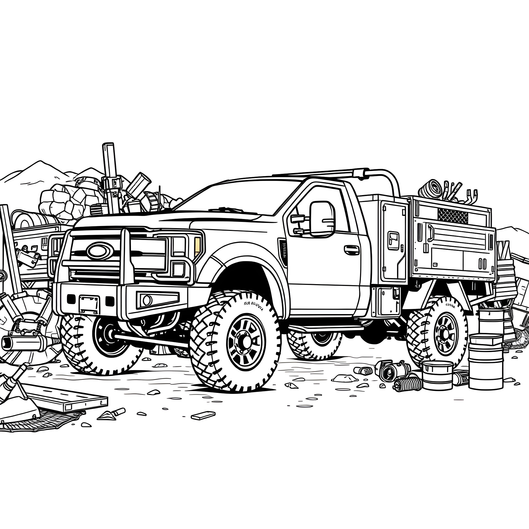Truck in the wilderness with equipment Coloring Page (free black-and-white line drawing printable PDF for all, from beginners to advanced learners, including children, teens, adults, and seniors)