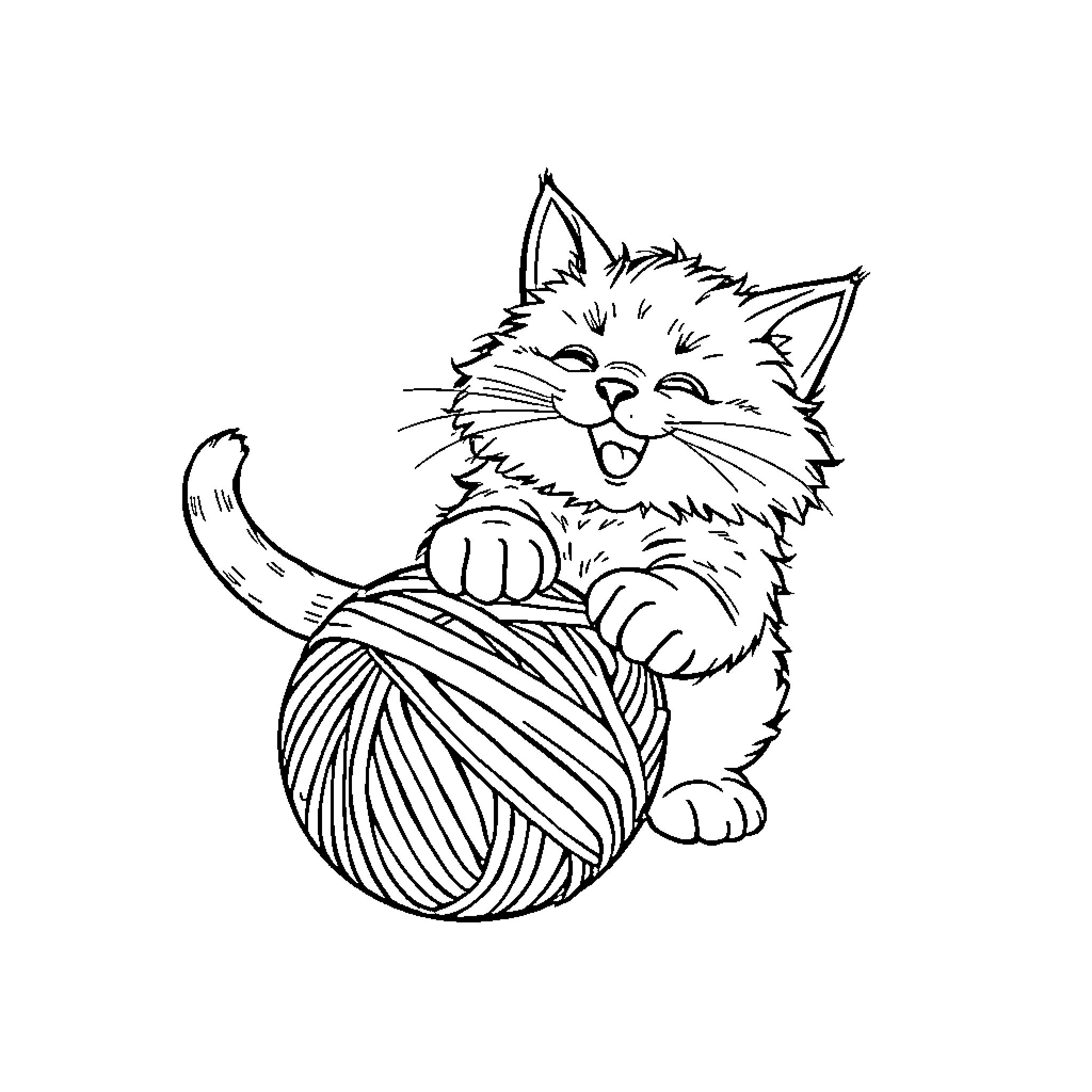 Cat Playing with Yarn Ball Coloring Page (free black-and-white line drawing printable PDF for all, from beginners to advanced learners, including children, teens, adults, and seniors)