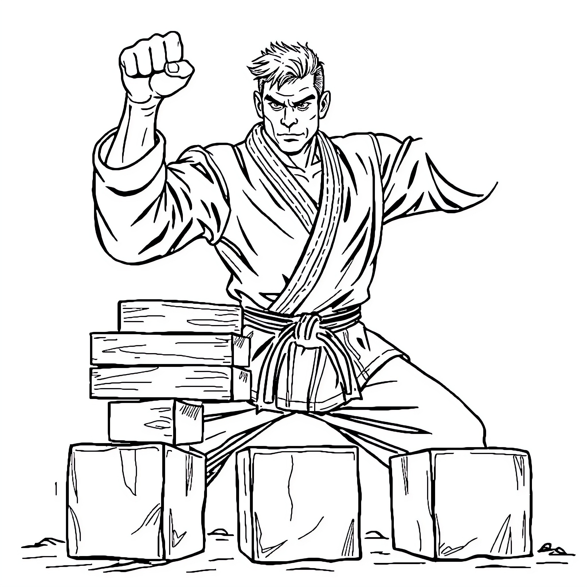 Karate Man Demonstrating Powerful Martial Arts Technique Coloring Page (free black-and-white line drawing printable PDF for all, from beginners to advanced learners, including children, teens, adults, and seniors)